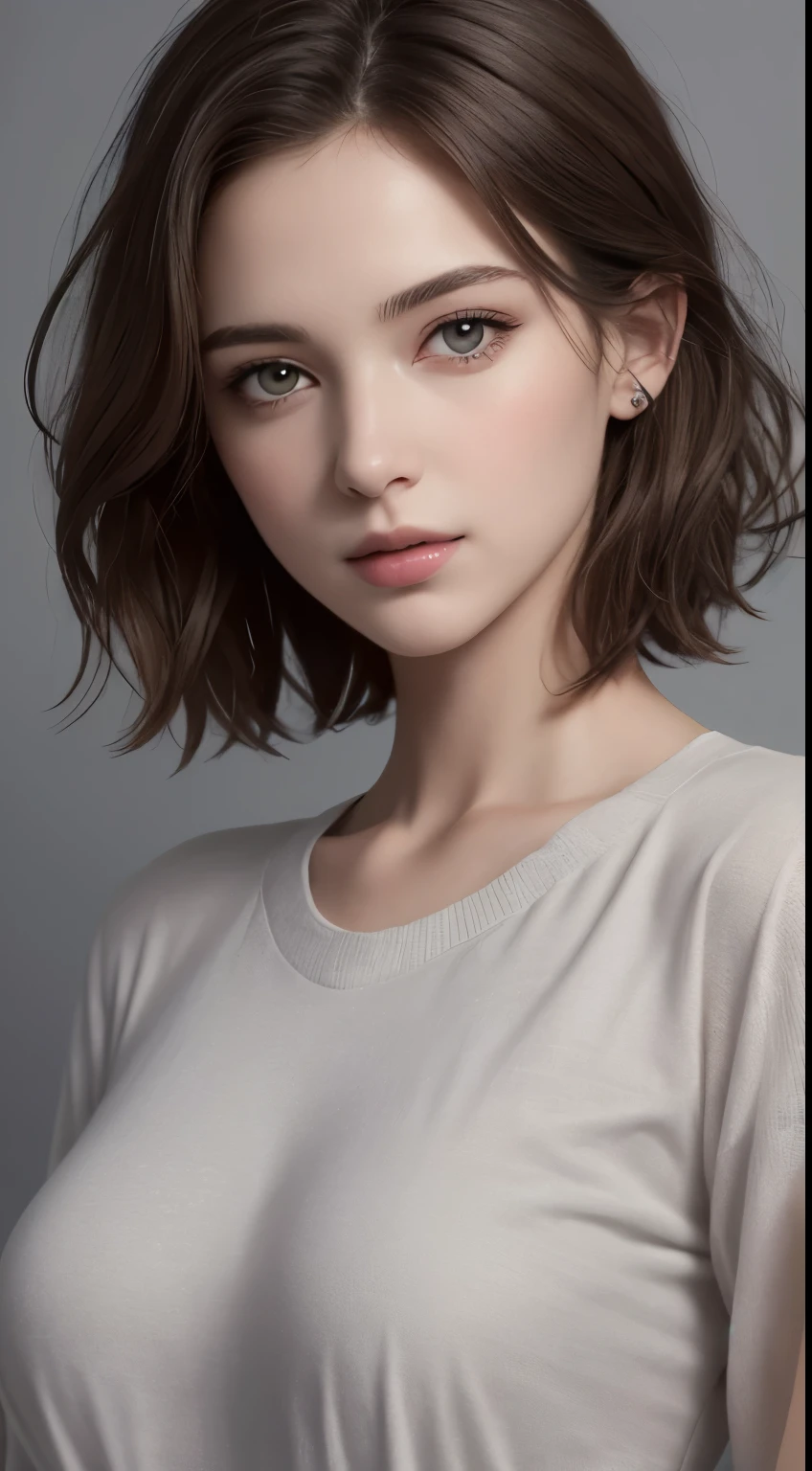 (photograph:1.2)、(photorealistic:1.3)、(masterpiece:1.3)、(Highest image quality:1.4)、ultra high resolution、(detailed eyes)、(detailed facial features)、(Detailed garment features)、8K resolution、solo focus、30 year old mature woman、small face、no makeup、Detailed beautiful eyes、bangs、dark brown hair、short cut hair、(realistic skin)、beautiful skin、charming、ultra high resolution、Super realistic、High definition、Camisa branca aberta,middlebre、small breasts、bust B cup、small breasts、cool beauty、Gray background、cinematic lighting、perfect、soft light、High resolution skin:1.2、realistic skin texture、25 years old mature woman、small face、no makeup、Bust B Cup、Detailed beautiful brown eyes、short hair、dark brown hair、Cool beauty、gray background