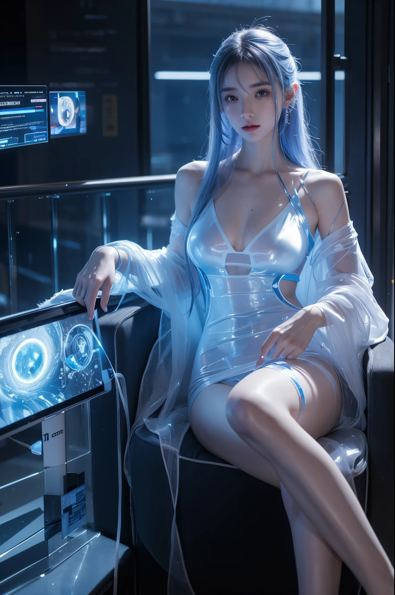 8k, master&#39;s work, Finished Drawing, Focus on the calves, 18-year-old, Wearing transparent science fiction clothing, exquisite face, detailed, hand, ultimate detailed, wonderful, LED interior lighting, cyberpunk style, fiber fiber hair , Glowing blue iris,