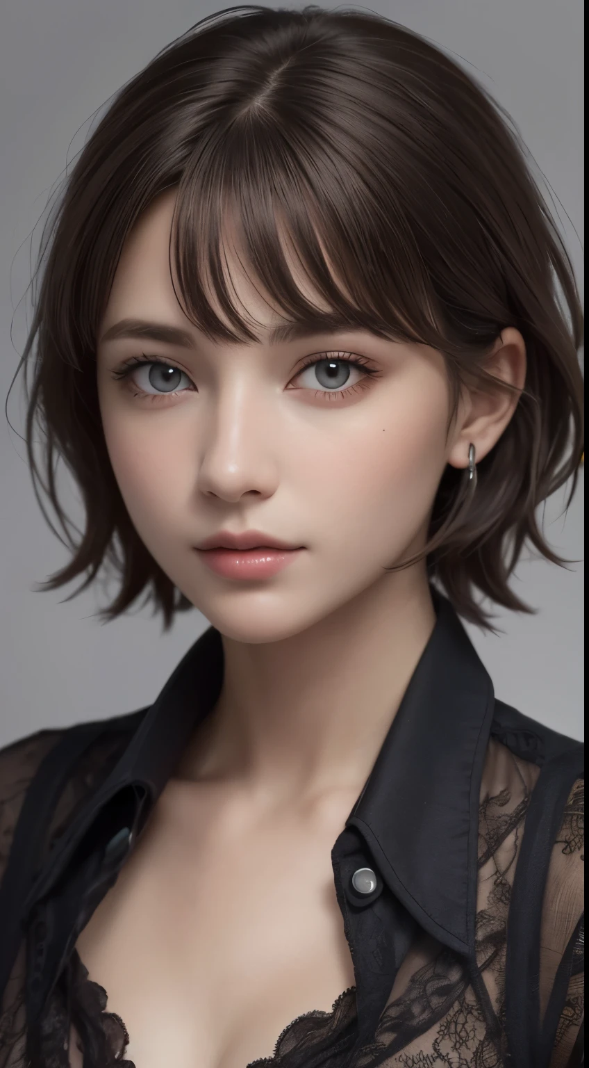 (photograph:1.2)、(photorealistic:1.3)、(masterpiece:1.3)、(Highest image quality:1.4)、ultra high resolution、(detailed eyes)、(detailed facial features)、(Detailed garment features)、8K resolution、solo focus、26 year old mature woman、small face、no makeup、Detailed beautiful eyes、bangs、dark brown hair、short cut hair、(realistic skin)、beautiful skin、charming、ultra high resolution、Super realistic、High definition、Camisa branca aberta,middlebre、small breasts、bust B cup、small breasts、cool beauty、Gray background、cinematic lighting、perfect、soft light、High resolution skin:1.2、realistic skin texture、26 years old mature woman、small face、no makeup、Bust B Cup、Detailed beautiful brown eyes、short hair、dark brown hair、Cool beauty、gray background