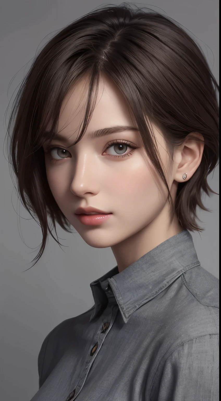 (photograph:1.2)、(photorealistic:1.3)、(masterpiece:1.3)、(Highest image quality:1.4)、ultra high resolution、(detailed eyes)、(detailed facial features)、(Detailed garment features)、8K resolution、solo focus、26 year old mature woman、small face、no makeup、Detailed leal beautiful eyes、bangs、dark brown hair、short cut hair、(realistic skin)、beautiful skin、charming、ultra high resolution、Super realistic、High definition、Camisa branca aberta,middlebre、small breasts、bust B cup、small breasts、cool beauty、Gray background、cinematic lighting、perfect、soft light、High resolution skin:1.2、realistic skin texture、26 years old mature woman、small face、no makeup、Bust B Cup、Detailed beautiful brown eyes、short hair、dark brown hair、Cool beauty、gray background