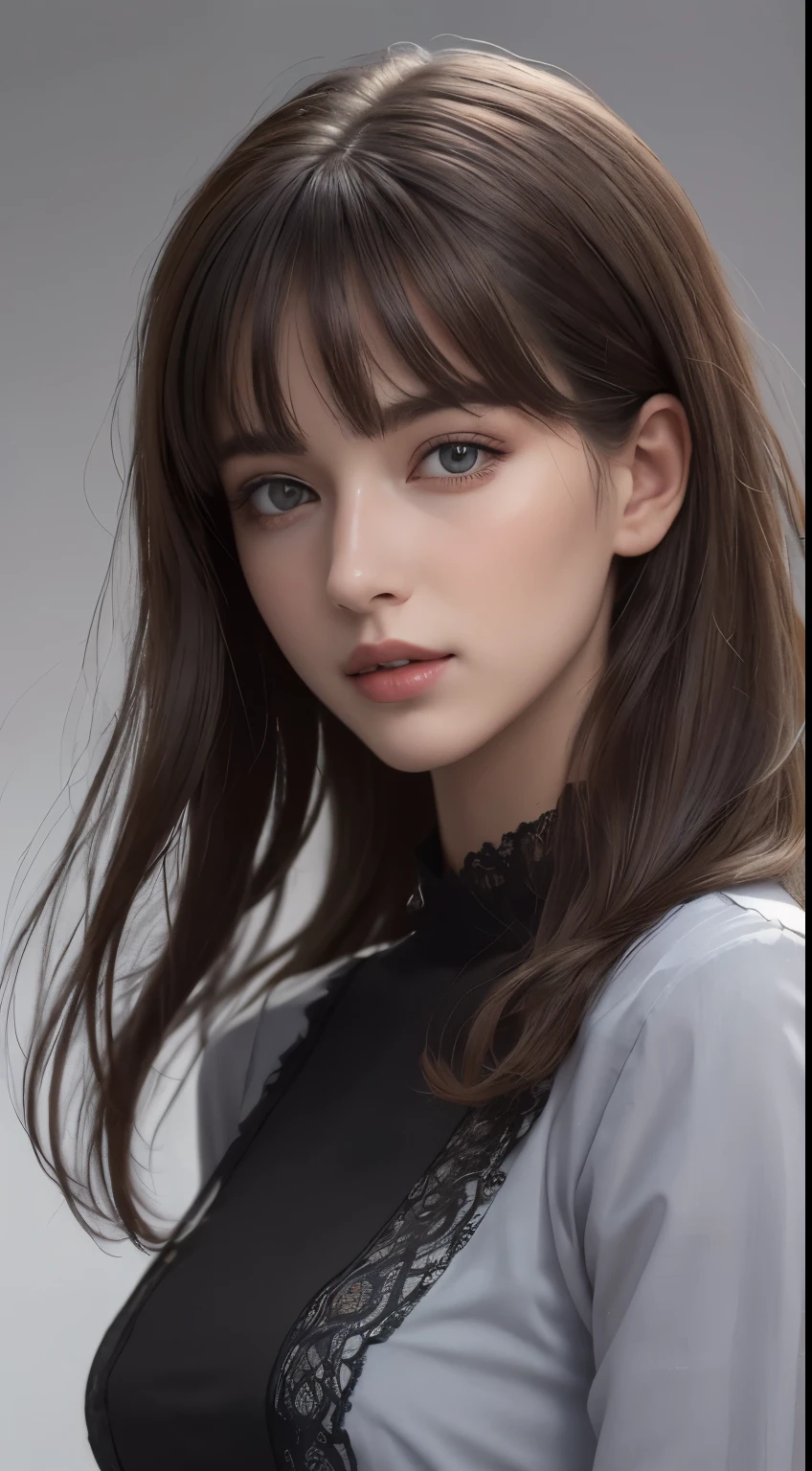 (photograph:1.2)、(photorealistic:1.3)、(masterpiece:1.3)、(Highest image quality:1.4)、ultra high resolution、(detailed eyes)、(detailed facial features)、(Detailed garment features)、8K resolution、solo focus、26 year old mature woman、small face、no makeup、Detailed leal beautiful eyes、bangs、dark brown hair、long cut hair、(realistic skin)、beautiful skin、charming、ultra high resolution、Super realistic、High definition、Camisa branca aberta,middlebre、small breasts、bust B cup、small breasts、cool beauty、Gray background、cinematic lighting、perfect、soft light、High resolution skin:1.2、realistic skin texture、26 years old mature woman、small face、no makeup、Bust B Cup、Detailed beautiful brown eyes、short hair、dark brown hair、Cool beauty、gray background