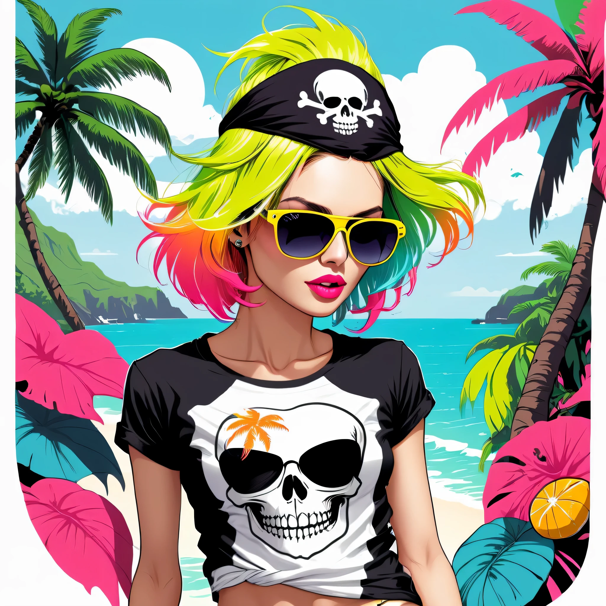 Illustration T-shirt, 1 female、alone、(((The strongest pirate girl in history)))、((incredibly absurd))、 (((The most beautiful pirate girl of all time))), (((Stylish sunglasses))), lips in love, white skin, pirate bandana, skull fashion,neon、short cut hair、small breasts、 Tropical Color Palette, fabric texture, thick line drawing, dynamic perspective , t-shirt design,T-shirt design AF,