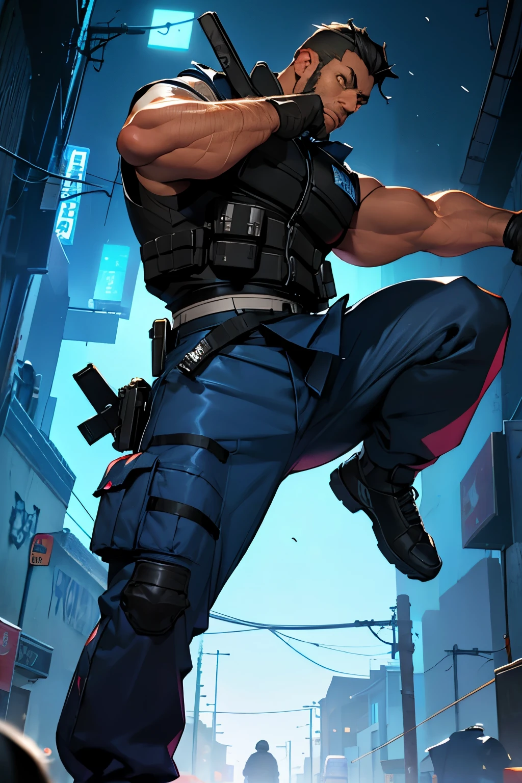Hombre, blue police bulletproof vest with the name "Police", nuclear mask, orejas de gato en diadema, Black pants, karateka matando zombies (background), ciudad postapocaliptica, muchos zombies.