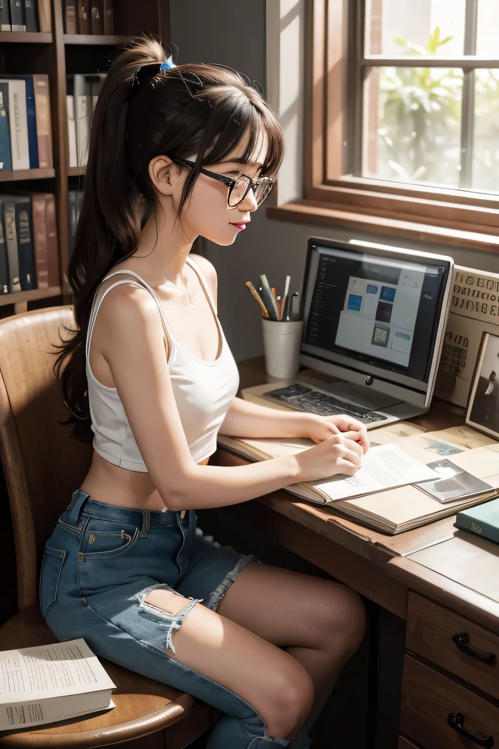 masterpiece, best quality, ultra detailed, cinematic lighting, 1 girl, (((researcher working on a computer))), (lofi), long dark hair tied in a messy ponytail, beautiful face, beautiful eyes, (wearing gold rimmed glasses), ((working on a computer)), wearing a colorful loose tank top, tight ripped denim shorts, in a small room, ((books and papers strewn on table)), (doing research), bookshelves on the wall, beakers and test tubes on table