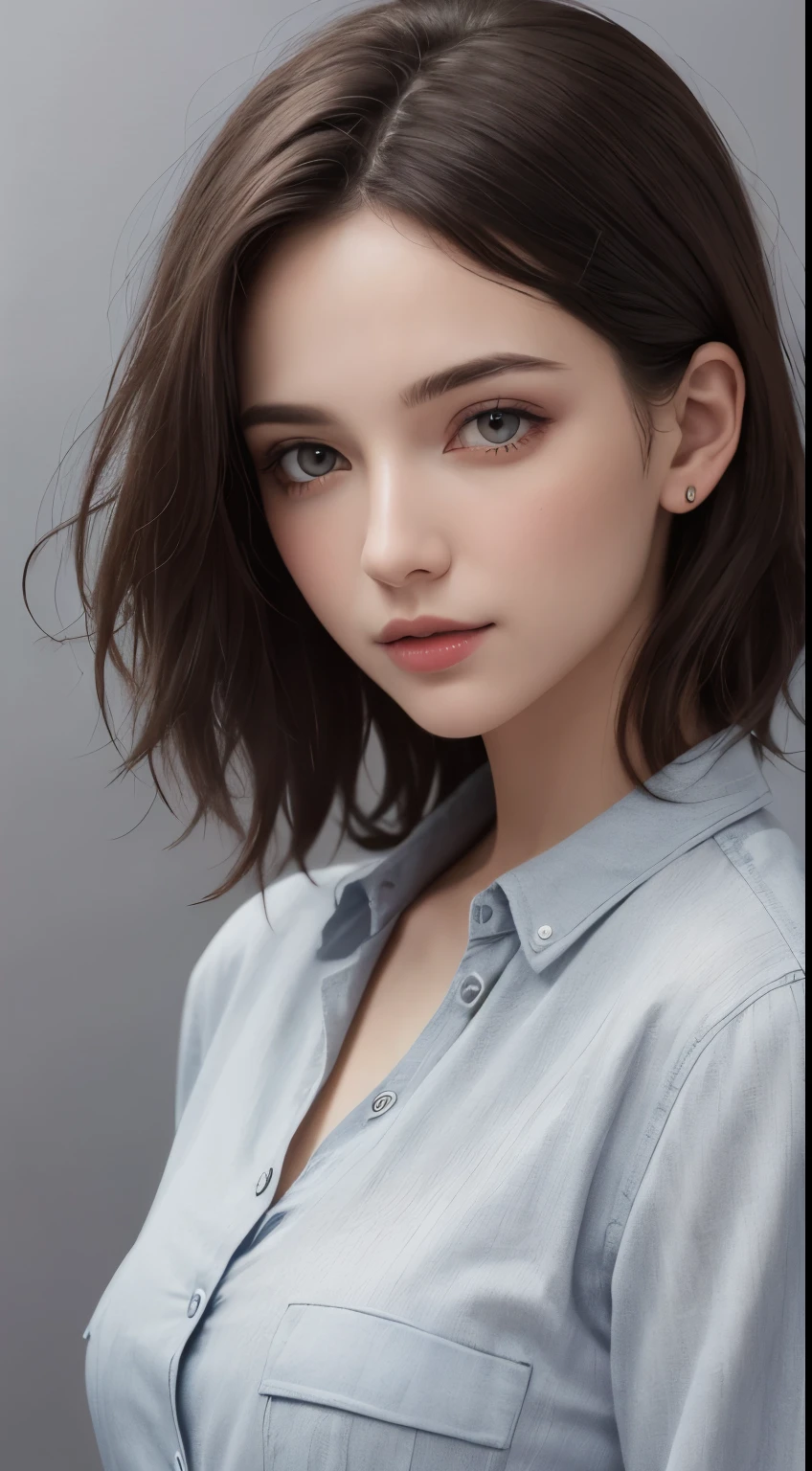 (photograph:1.2)、(photorealistic:1.3)、(masterpiece:1.3)、(Highest image quality:1.4)、ultra high resolution、(detailed eyes)、(detailed facial features)、(Detailed garment features)、8K resolution、solo focus、26 year old mature woman、small face、no makeup、Detailed leal beautiful eyes、bangs、brond hair、long cut hair、(realistic skin)、beautiful skin、charming、ultra high resolution、Super realistic、High definition、Camisa branca aberta,middlebre、small breasts、bust B cup、small breasts、cool beauty、Gray background、cinematic lighting、perfect、soft light、High resolution skin:1.2、realistic skin texture、26 years old mature woman、small face、no makeup、Bust B Cup、Detailed beautiful brown eyes、short hair、dark brown hair、Cool beauty、gray background