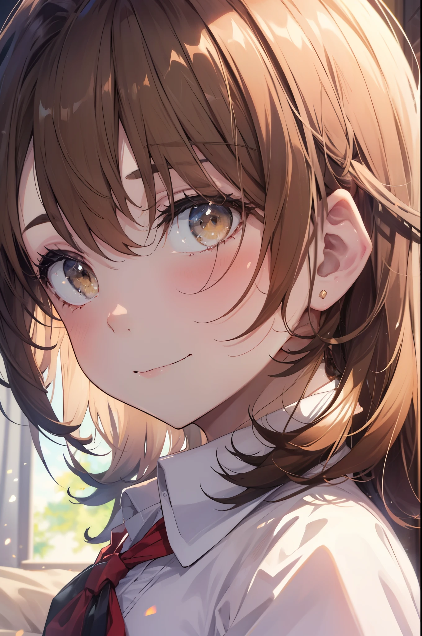irohaisshiki, iroha isshiki, long hair, light brown hair, (brown eyes:1.5), smile,looking at the viewer, heart-shaped eyes,  blush，show viewer, from below, concentrated, Beyond the particles of light, ラブホテルのBedroom,open white t-shirt,black string underwear，Medium chest，sitting on the bed,morning日,morning,sunrise,
break indoors, Bedroom,
break looking at viewer,
break (masterpiece:1.2), highest quality, High resolution, unity 8k wallpaper, (figure:0.8), (detailed and beautiful eyes:1.6), highly detailed face, perfect lighting, Very detailed CG, (perfect hands, perfect anatomy),