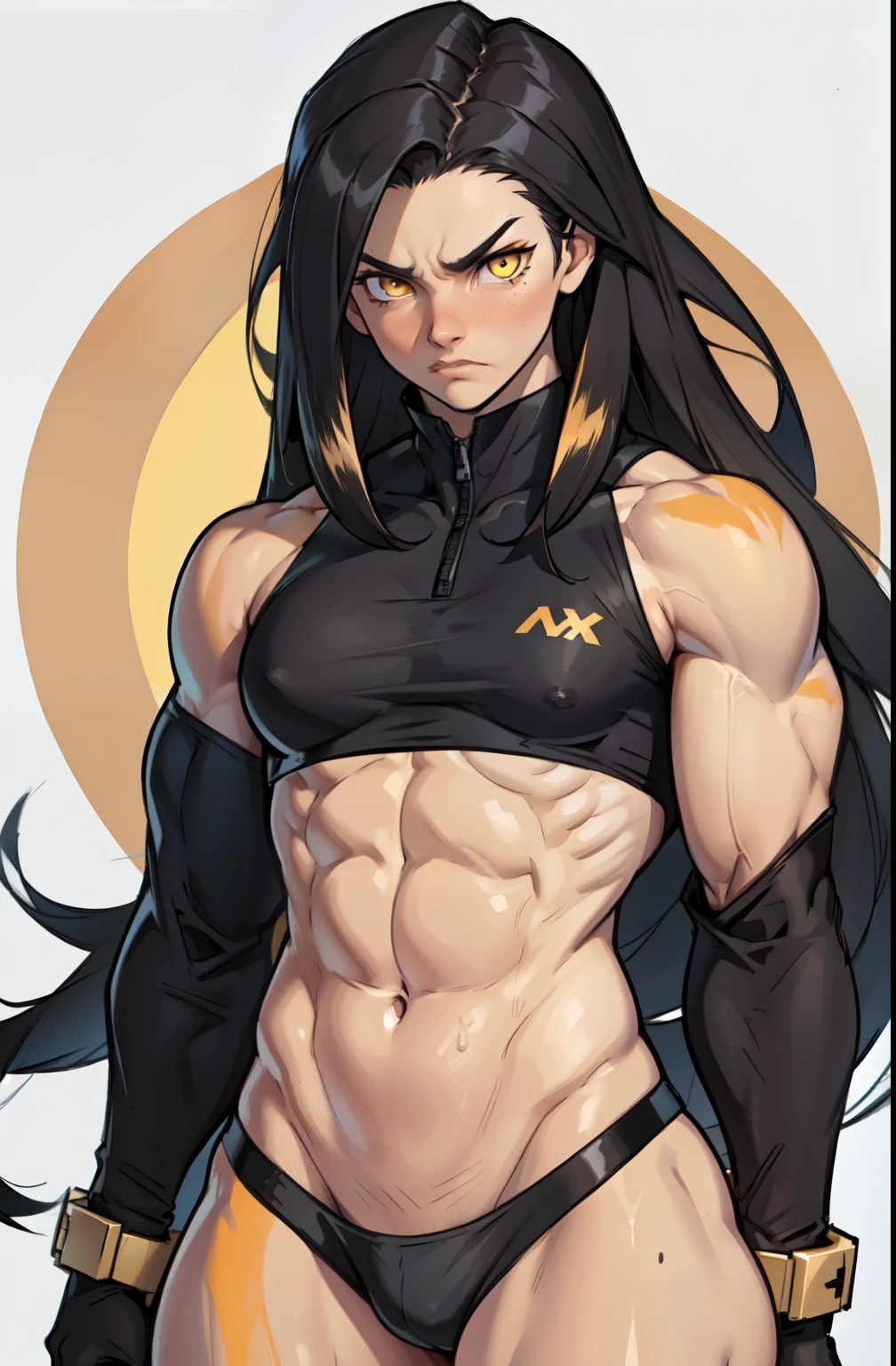 (((((1 girl))))) angry very long hair pale skin black hair yellow eye ((((muscular toned body)))) solo