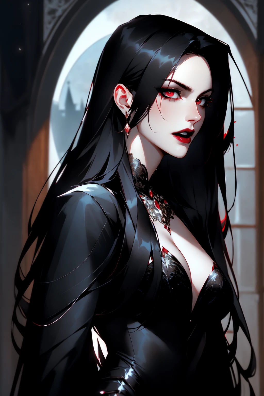 { - anatomy error}(Masterpiece - Ultra-detailed, very high resolution) portrait of vampire queen standing in dark, black hair, long hair, no pupils, no sclera, red lips, vampire fangs, castle indoors, moonlight, particles , backwards, looking back, dinamic poses