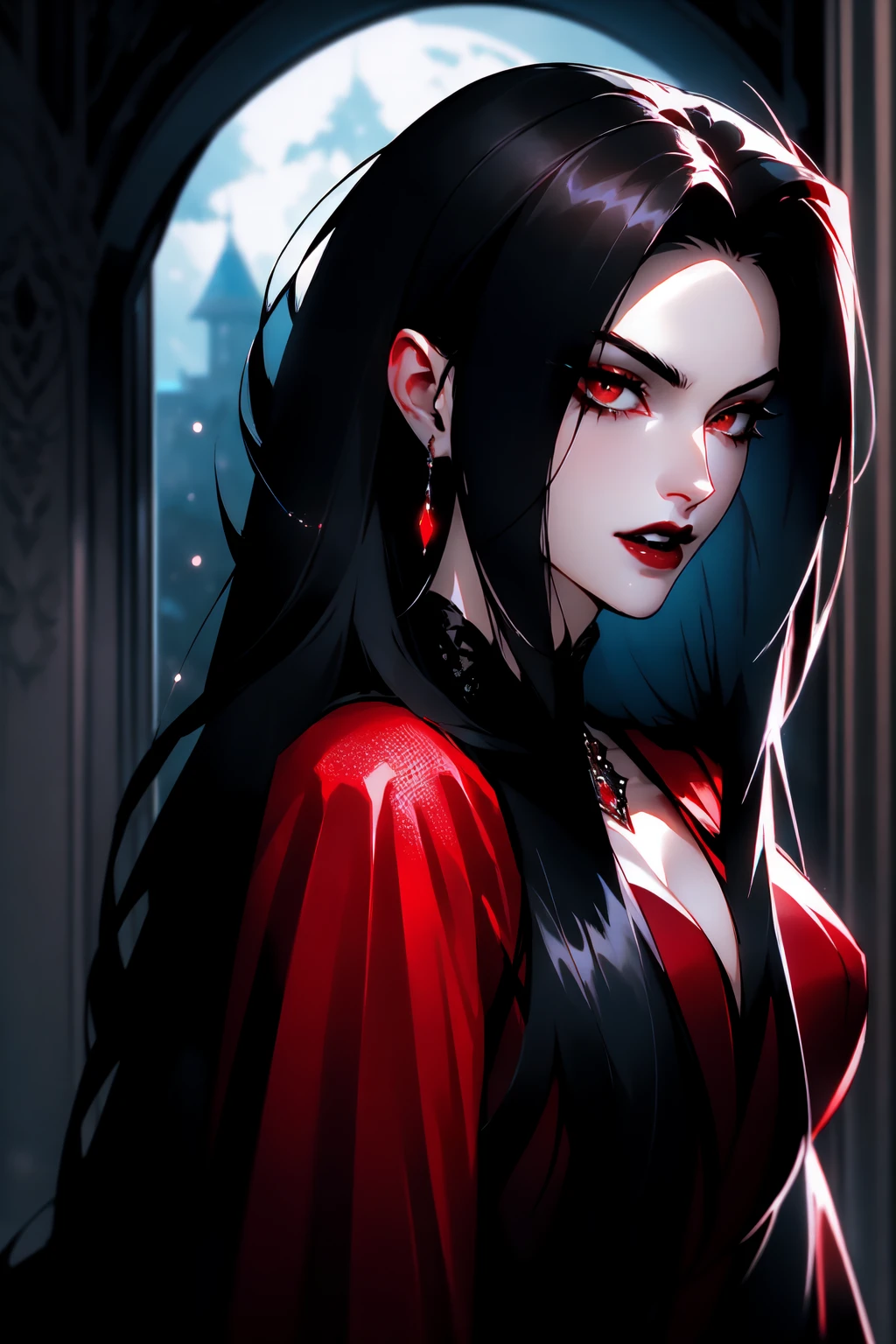 { - anatomy error}(Masterpiece - Ultra-detailed, very high resolution) portrait of vampire queen standing in dark, black hair, long hair, no pupils, no sclera, red lips, vampire fangs, castle indoors, moonlight, particles , backwards, looking back, dinamic poses