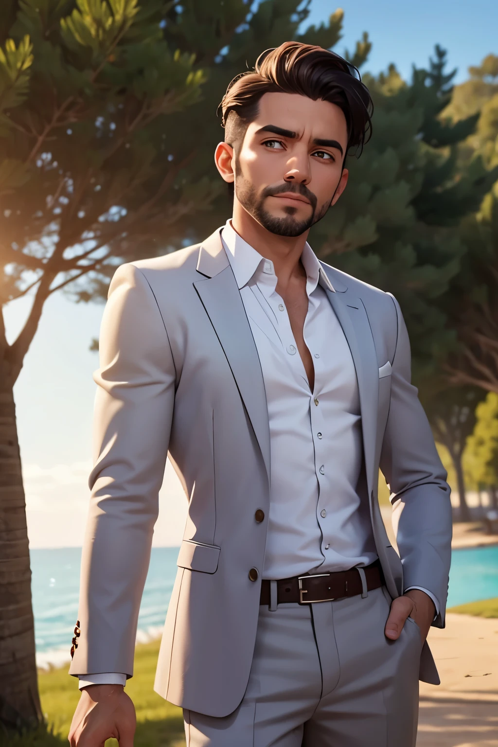 Fondo de pantalla CG ultrafino de 16k, Obra maestra, excelente calidad de imagen, super delicate), (cuerpo entero), (excelente luz y sombra, delicado y hermoso), cara brillante, Pantalla perfecta de primeros planos de 18K, cambiar, lindo, (39 year old manly man) vestido con un traje ajustado, de pie en un bello paraje, ojos azules.