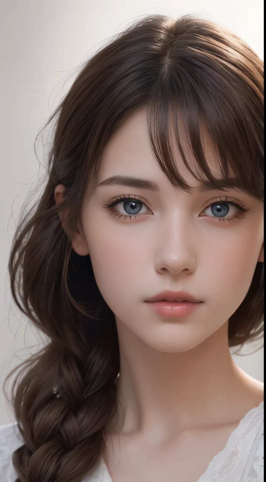 (photograph:1.2)、(photorealistic:1.3)、(masterpiece:1.3)、(Highest image quality:1.4)、ultra high resolution、(detailed eyes)、(detailed facial features)、(Detailed garment features)、8K resolution、solo focus、26 year old mature woman、small face、no makeup、Detailed leal beautiful eyes、bangs、gold hair、long cut hair, braided  hair、(realistic skin)、beautiful skin、charming、ultra high resolution、Super realistic、High definition、Camisa branca aberta,middlebre、small breasts、bust B cup、small breasts、cool beauty、Gray background、cinematic lighting、perfect、soft light、High resolution skin:1.2、realistic skin texture、26 years old mature woman、small face、no makeup、Bust B Cup、Detailed beautiful brown eyes、short hair、dark brown hair、Cool beauty、gray background