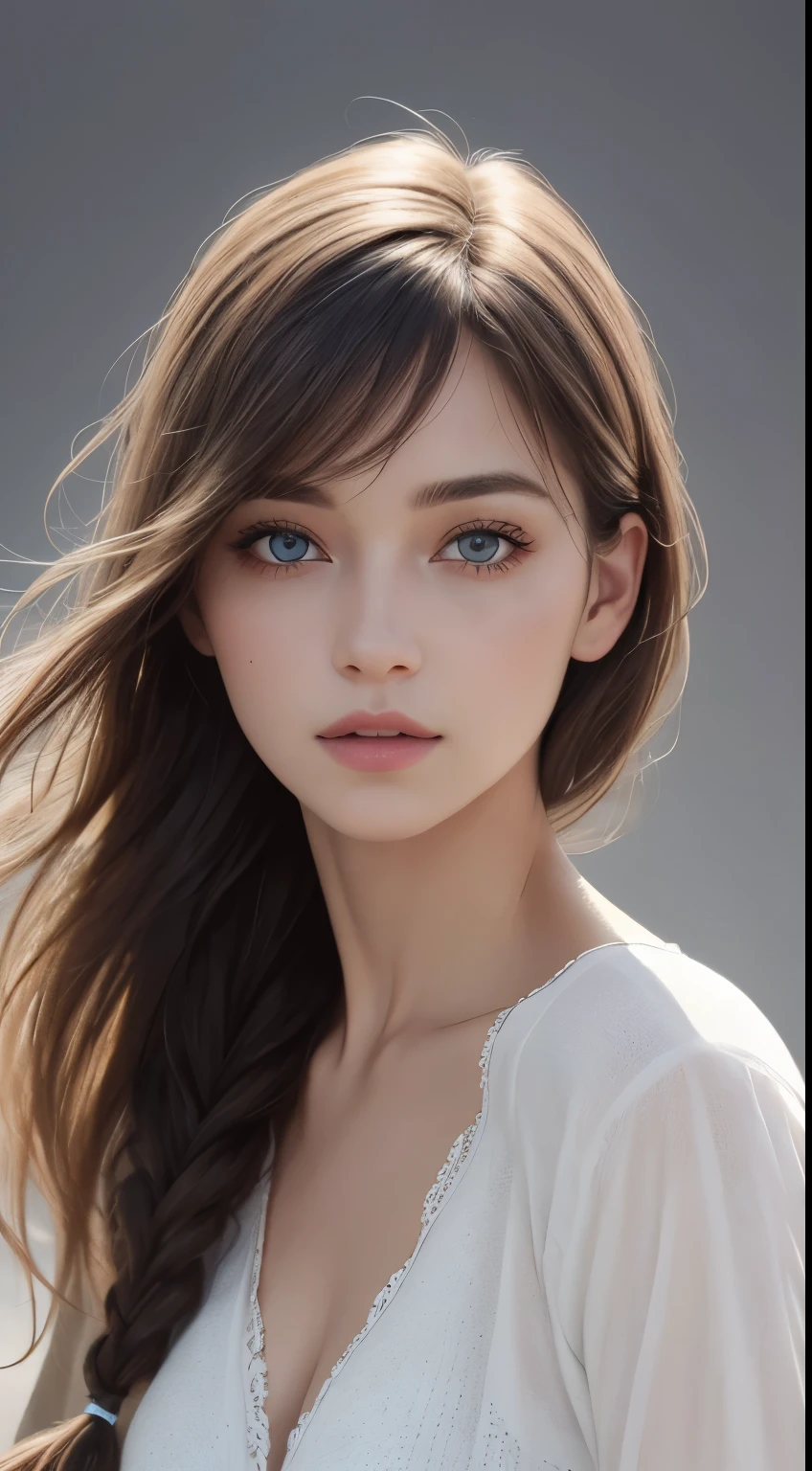 (photograph:1.2)、(photorealistic:1.3)、(masterpiece:1.3)、(Highest image quality:1.4)、ultra high resolution、(detailed eyes)、(detailed facial features)、(Detailed garment features)、8K resolution、solo focus、26 year old mature woman、small face、no makeup、Detailed leal beautiful eyes、bangs、blonde hair、long cut hair, braided hair、(realistic skin)、beautiful skin、charming、ultra high resolution、Super realistic、High definition、Camisa branca aberta,middlebre、small breasts、bust B cup、small breasts、cool beauty、Gray background、cinematic lighting、perfect、soft light、High resolution skin:1.2、realistic skin texture、26 years old mature woman、small face、no makeup、Bust B Cup、Detailed beautiful brown eyes、short hair、dark brown hair、Cool beauty、gray background