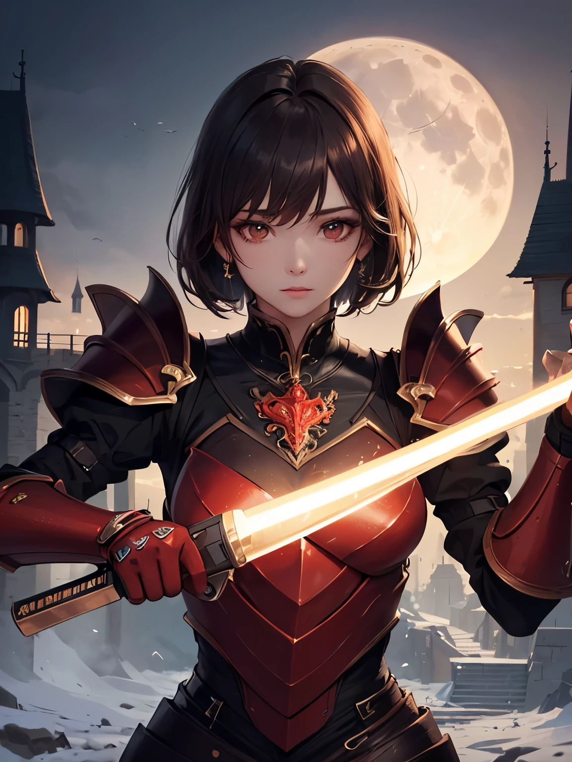 (((Best Quality))), ((Ultra-detailed)), (extremely detailed photo), ((extremely delicate and beautiful)),(Cute delicate face), ((masterpiece)), perfect anatomy, intricate, (highly detailed), masterpiece, photorealistic, (A 20 years old very dignified girl),(red and black armor:1.3), ((Castle town with full moon night in the background)) ,(upper body),(holding glowing weapon:1.7),alone,short hair, looking at viewer, double eyelid,delicate skin,slender body shape,