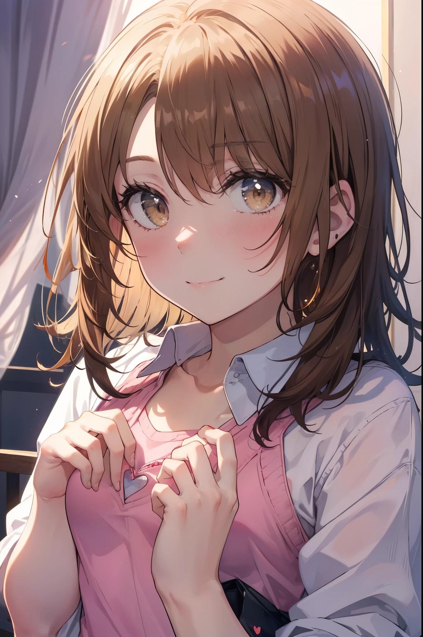 irohaisshiki, iroha isshiki, long hair, light brown hair, (brown eyes:1.5), smile,looking at the viewer, heart-shaped eyes, blush,show viewer, from below, concentrated, Beyond the particles of light, ラブホテルのBedroom,open white t-shirt,black string underwear,Medium chest,sitting on the bed,morning日,morning,sunrise,
break indoors, Bedroom,
break looking at viewer,
break (masterpiece:1.2), highest quality, High resolution, unity 8k wallpaper, (figure:0.8), (detailed and beautiful eyes:1.6), highly detailed face, perfect lighting, Very detailed CG, (perfect hands, perfect anatomy),