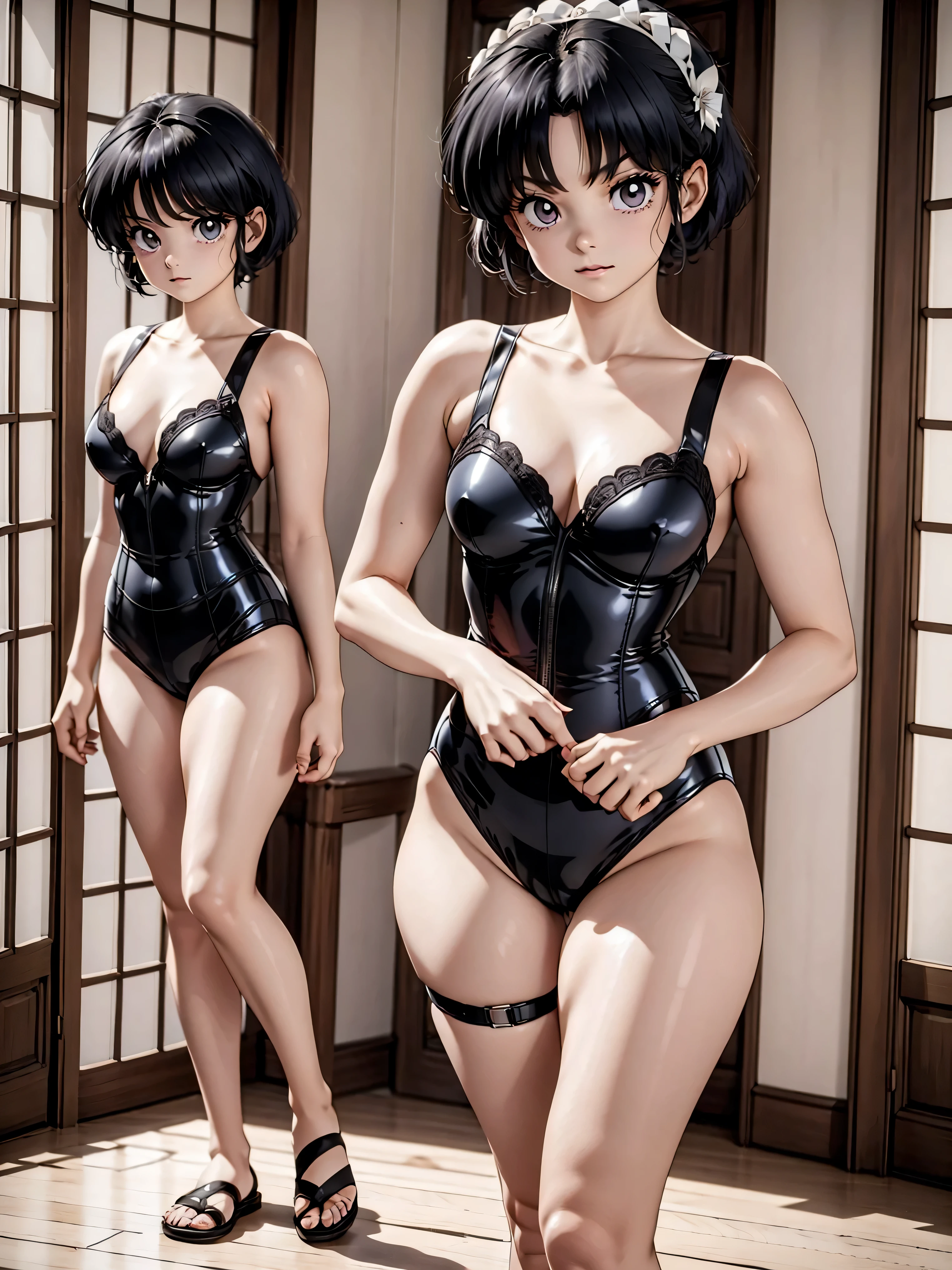 Anime girl with dark bluish hair in latex shorts and pink latex corset, , Corpo bonito, peito grandes, with hands on waist, hands in her hair, garota sexy, cabelo azulado, side locks of hair with pink bow, locks of hair with a bow on the side of the face, beautiful lighting, sombras suaves, olhos castanhos, pernas bonitas tonificadas, cabelo curto, estilo anime, hand on the waist, hand in hair, character Akane Tendo, Autor Rumiko Takahashi, Baseado em uma obra de Rumiko Takahashi, Anime Ranma 1 / 2, decote sexy, quadris robustos, Corpo todo, Corpo todo, Grande busto, nice young woman with beautiful body, sandals nos pés, de 16 anos latex shorts and latex corset, anime, estilo anime, lindos pés em sandals, ao ar livre, peito grande, Seios lindos, cabelo preto, sandals nos pés, lindas pernas, sexy, lindas pernas, sandals, peito grandes, Corpo todo, Corpo todo, pés com sandals, Grande busto