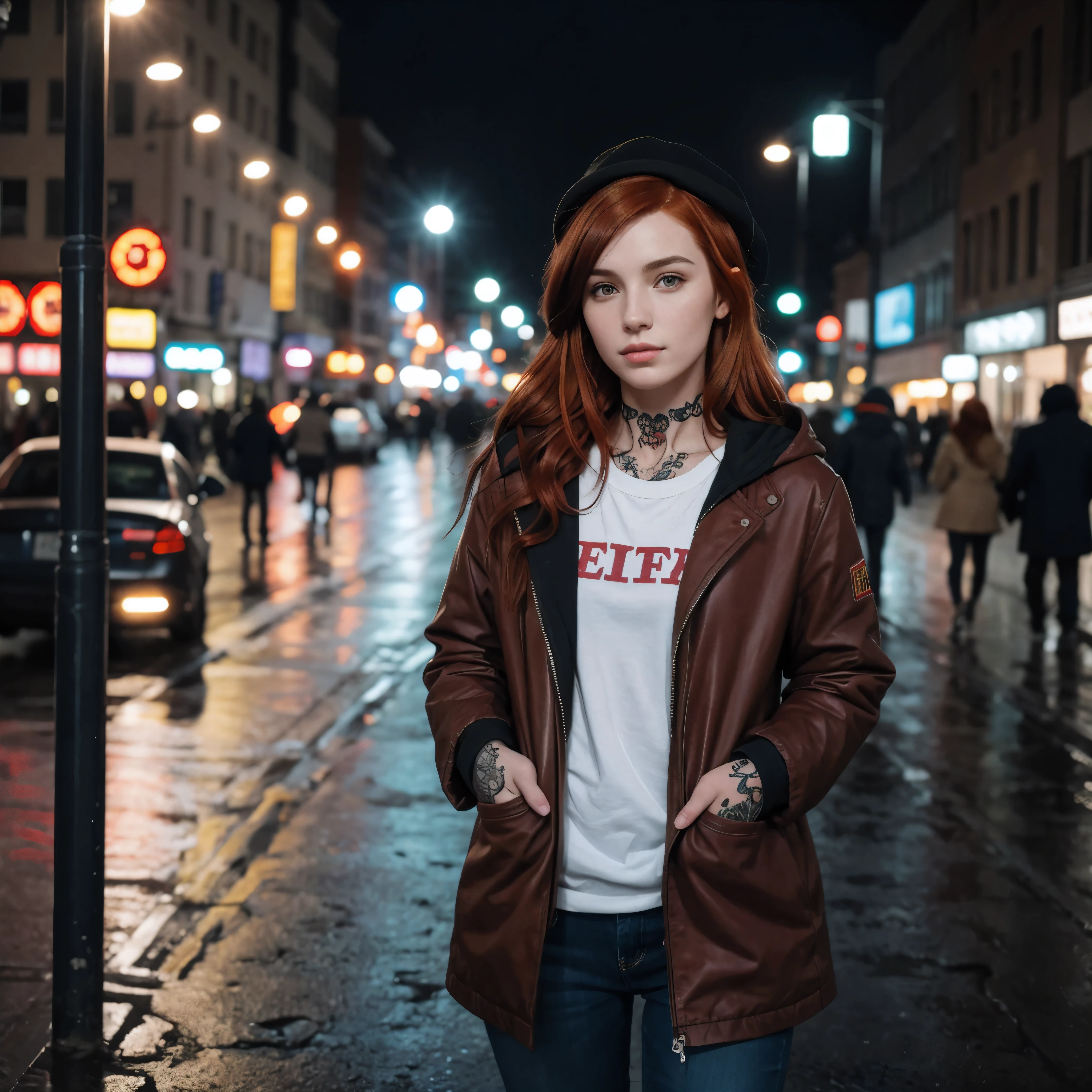 20 years old, gorgeous cute Irish Girl, Bella Thorne, smirk, freckles, polaroid photo, (dark skin:1.3), (medium red hair:1.6), Araffe woman wearing coat and hat standing on a rainy road, Standing at street, Standing in the rain, Standing at street, Standing on the streets of a city full of Christmas colors, Standing on the street, Standing at street, In the snow, standing in a city center, wandering in the city, Korean city street fashion, In the streets of Seoul, On the streets, adult and cute, the extremely hot and sexy, famous beautiful model, good young girl, (masterpiece:1.0), (best_quality:1.0), ultra high res,4K,ultra-detailed, photography, 8K, HDR, highres, absurdres:1.2, Kodak portra 400, blurry background, bokeh, lens flare, (vibrant_color:1.2),professional photograph, (the_tattoo:1.4), (beautiful_face:1.5),(narrow_waist). --v 6