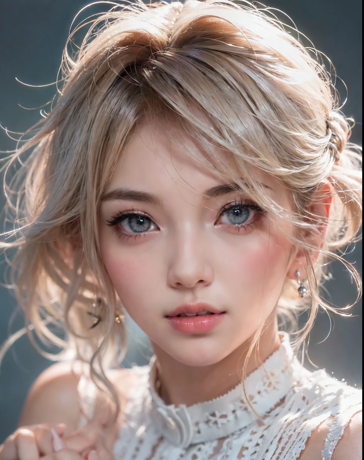 fashion model 24 years old, cute,  [[[[pure eyes]]]],  [[[[closeup]]]], [[[[chest]]]], [[[[neck]]]], [[[[shoulders]]]], perfect eyes, perfect iris, perfect lips, perfect teeth, perfect skin, soft front light, glow, HDR, (muted colors:1.2), Retrato da mulher、white skin、((cabelo Castanho ondas suaves)) Best Blanco Romantico、8K resolution、Frente Illuminada、アメリカの女の子のPortrait、solo、beautiful face、Upper body、medium side cut、beautiful blonde hair、beautiful little face woman, solo,　black theme,　look at the audience,one woman, It&#39;s real, Wolfzan-6500-V1.3, anime、animeスタイル、beautiful diamond eyes、braided hair、casual dress、portrait beautiful detailed woman, very detailedな目と顔, Reality, beautiful detailed eyes, huge file size, Super detailed, High resolution, very detailed, highest quality, masterpiece, An illustration, very detailed, ticker, Unite, 8K painting wallpaper, fine, fine details, masterpiece, highest quality, Hvery detailed ticker uniform 8K wallpaper, face light movie lighting、cuteブラウス, dark background, oil, masterpiece, diffused soft film lighting, Portrait, highest quality (perfect face:1.4),stunning girl pictures,(8K and、photorealistic:1.25) 、(lip gloss、eyelashes、shiny face、shiny skin、highest quality、超High resolution、Depth of the bounds written、chromatic aberration、caustic road lighting、natural shading、sexy