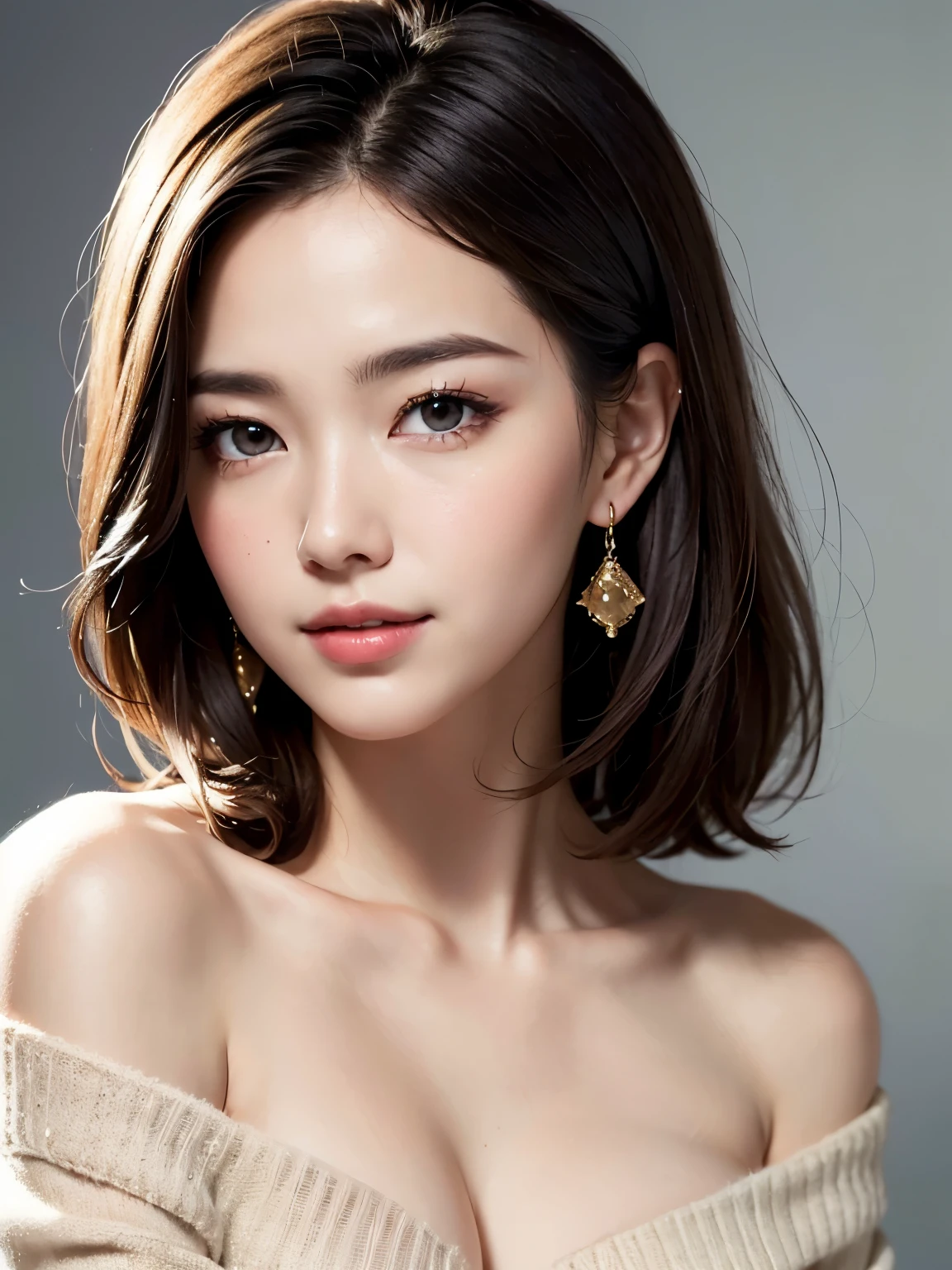 1woman, (Ultra Realistic eyes, High Resolution), (High Definition Eyes, High Definition Hair, High Definition Face, High Definition Plump Lips), (Breast Open Off Shoulder), Bust, Upper Body, Affectionate Smile, (Best Picture Quality: 1.4), Raw Photo, (Realistic, Photography: 1.37), Professional Photographer, Film-like Light, (Fine Plane: 1 . 2),1 Woman, (Ultra Realistic, High Resolution), (High Definition Eyes, High Definition Hair, High Definition Face, High Definition Plump Lips), (Open Breasted Off Shoulder), Bust, Upper Body, Adorable Smile, (Top Quality:1.4), Raw Photo, (Realistic, Photo Realistic:1. 37), Professional Photography, Neat Face: 1 .2), (Representative Work: 1.3), (8K, Photo Realistic, Raw Photo, Highest Quality: 1. 4), (Mature 26 yrs old), Small Face, Beautiful Face, (Realistic Face), No Makeup, Natural Makeup, Light Makeup, (Dark Brown, Short Hair: 1. 3), Beautiful Hair Style, Realistic Eyes, Detailed Eyes, ( realistic), beautiful skin, (sweater), small breasts, bust. b cup, messy, attractive, ultra high definition, ultra realistic, high definition, golden ratio, ff tiffany, gray background,.