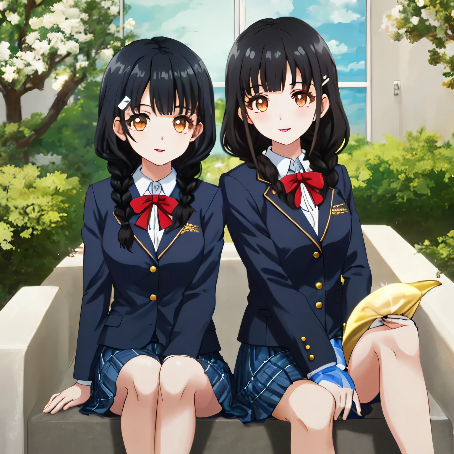 highest quality, (masterpiece:1.2), very detailed, Two girls are sitting around the viewer, Glossy lips that make you want to kiss, nice smile, brown eyes, (((black hair))), , long braids, big shiny hair clip, school uniform, Dark blue and navy plaid skirt, middle long skirt, white shirt, A luxurious navy blazer with a golden emblem on the left chest, big red ribbon on the chest, lipstick、very shiny hair、laughter、bright look、The light makes my face and hair shine, The corners of the eyes are drooping, cute braids, I'm so happy I can jump up, The expression of a maiden in love, (((twin braid hair))), The skirt fabric has a beautiful deep blue checkered pattern., A shy expression staring at the viewer, double eyelid, ((long eyelashes)), ((the knees are hidden by the skirt)), A shy and timid girl