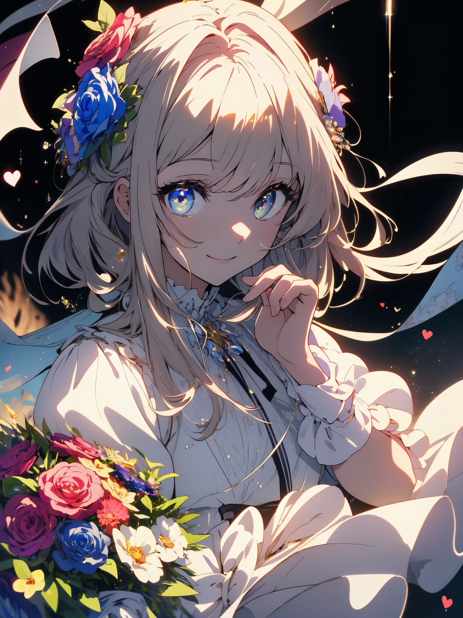 ((masterpiece)), ((highest quality)), ((High resolution)), ((very detailed、 8k wallpaper)), girl、(Shining eyes)、lolita dress、best smile、make a heart with both hands、bouquet、beautiful anime
