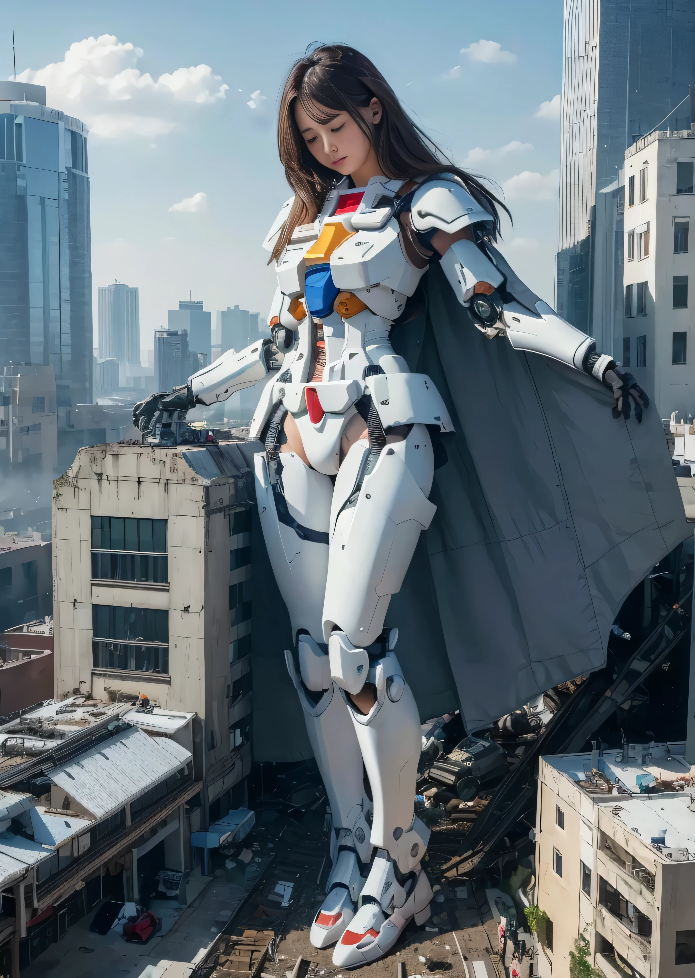(((RAW image quality:1.4))), ((A giant mechanical woman much bigger than a skyscraper:1.4)), 14 years old, beautiful顔, rough skin, Super detailed, advanced details, high quality, 最high quality, High resolution, 1080p, hard disk, beautiful,((White Gundam:1.4)),beautiful almost,He is wearing Gundam-like white parts.,mechanical joint, Machine arms and legs, Mechanical parts that protect the bust top, cleavage, mechanically protected groin, Excluding bust top and crotch, Raw skin is exposed., almost naked, perfect proportions, (Brown hair fluttering in the wind), beautiful青い目, full body shot, very small metropolis。Sitting in a miniature metropolis just a few feet tall, stomping city,crash city,small town,micro city, small cars and trains, Configuration from above, deep blue sky, (Metal pants that dig into the crotch),