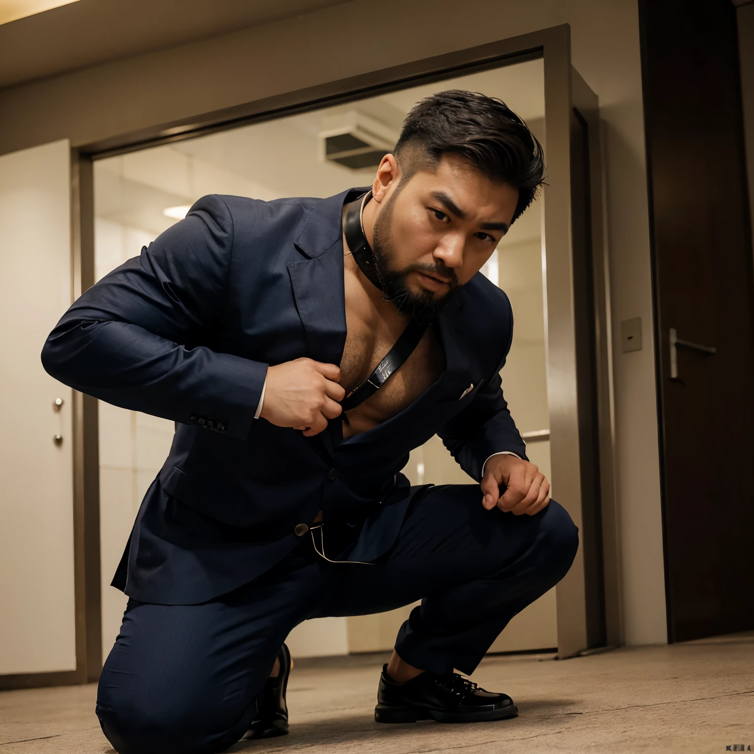 Du Jianjun，Put a suit on your body，Tall and strong，Short hair and Chinese character face，Thick eyebrows and big eyes，beard，muscular uncle，serious，Powerful and domineering。Kneel completely on the ground，Wearing a long dog leash around his neck，clothes open，There is a hand touching the chest muscle，Looks like he&#39;s fallen，Eyes rolled up，stick out tongue