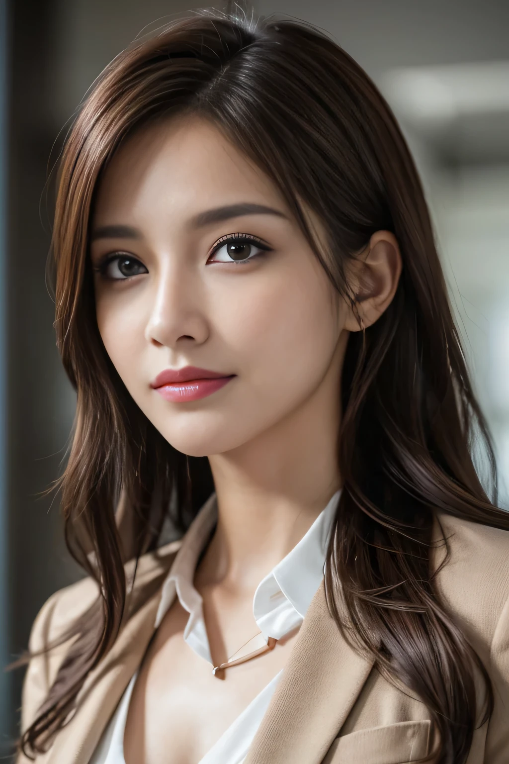 table top, highest quality, realistic, Super detailed, finely, High resolution, 8k wallpaper, 1 beautiful woman,, light brown messy hair, wearing a business suit, sharp focus, perfect dynamic composition, beautiful and detailed eyes, thin hair, Detailed realistic skin texture, smile, close-up portrait, model body shape