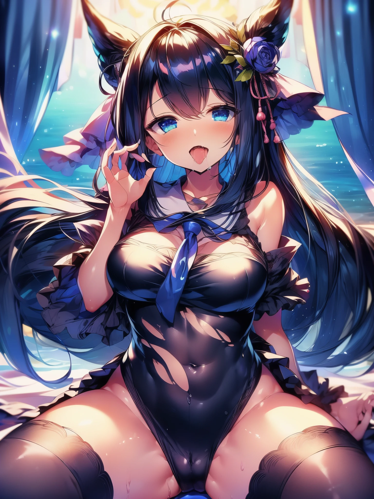 ((The pussy is the center of the picture)),(small breasts)、(round chest),((Ahegao)),(beach),((shiny skin))((((High school girl wearing a torn uniform))))),(((Beautiful highlighted blue eyes))),(((seducing))), big breasts,(Hair that is a mixture of blue and pink),((The whole body is wet))((black tights)) (Amazing meaty pussy) ((Short hair with blue and pink hair))、((Spreading her pussy hole with her hand)),drooling、Masterplece met from the front (( is dripping vigorously from her pussy.))),laughing