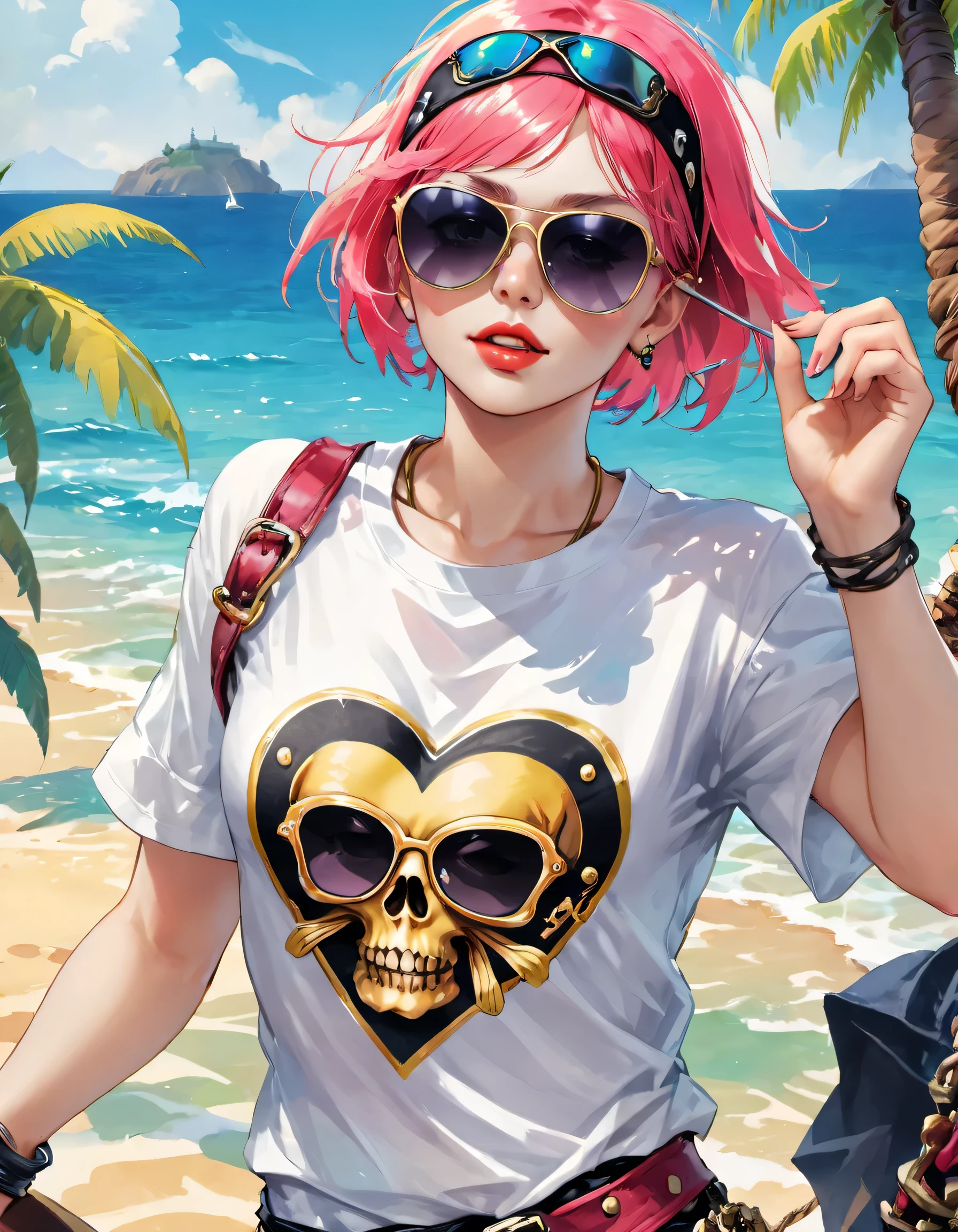 watercolor painting, 8K resolution、((highest quality))、((masterpiece))、((Super detailed))、1 female、alone、(((The strongest pirate girl in history)))、((incredibly absurd))、 (((The most beautiful pirate girl of all time))), (((Stylish sunglasses))), lips in love, white skin, pirate bandana, skull fashion,neon、short cut hair、small breasts、 Tropical Color Palette, fabric texture, thick line drawing, dynamic perspective , t-shirt design,T-shirt design AF,