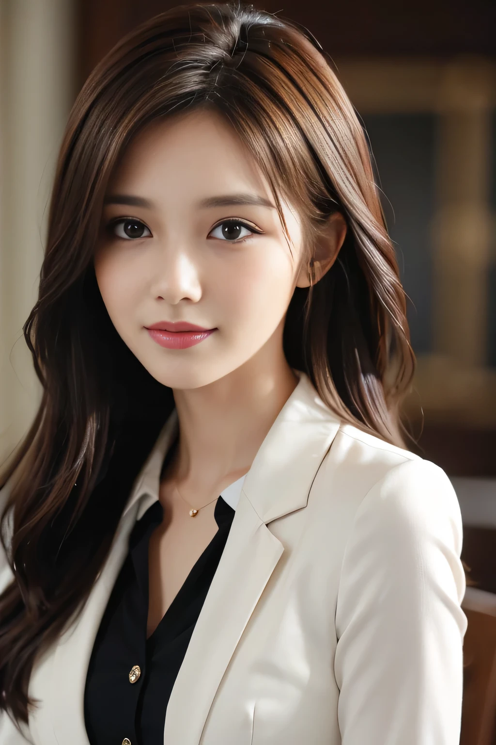 table top, highest quality, realistic, Super detailed, finely, High resolution, 8k wallpaper, 1 beautiful woman,, light brown messy hair, wearing a business suit, sharp focus, perfect dynamic composition, beautiful and detailed eyes, thin hair, Detailed realistic skin texture, smile, close-up portrait, model body shape