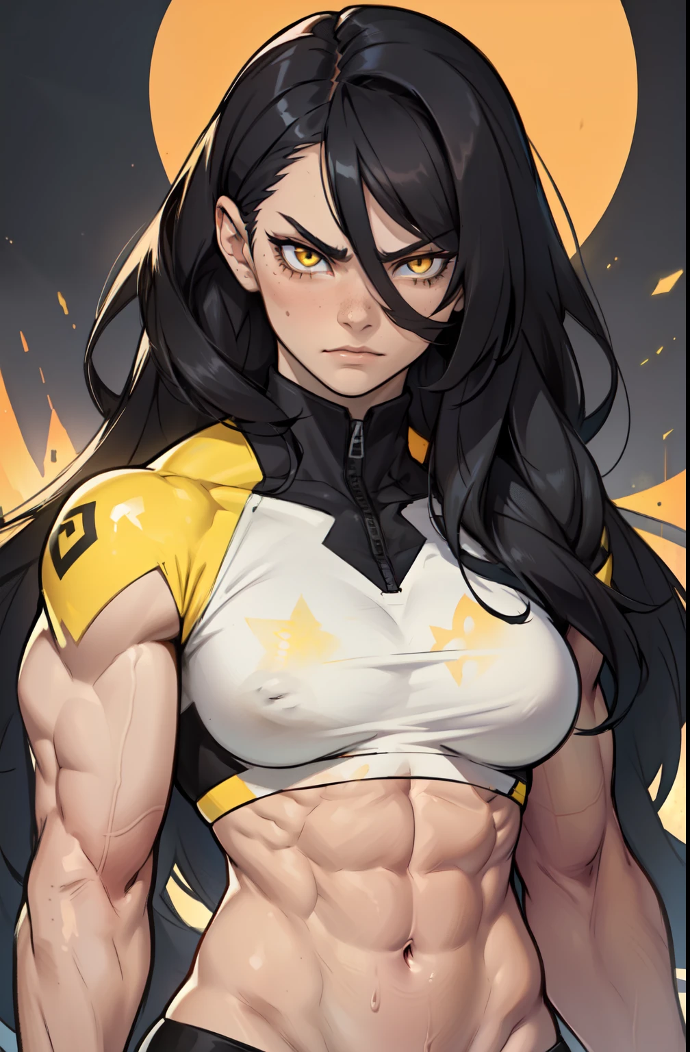 (((((1 girl, female))))) angry very long hair pale skin black hair yellow eye ((((muscular)))) solo (((toned body)))