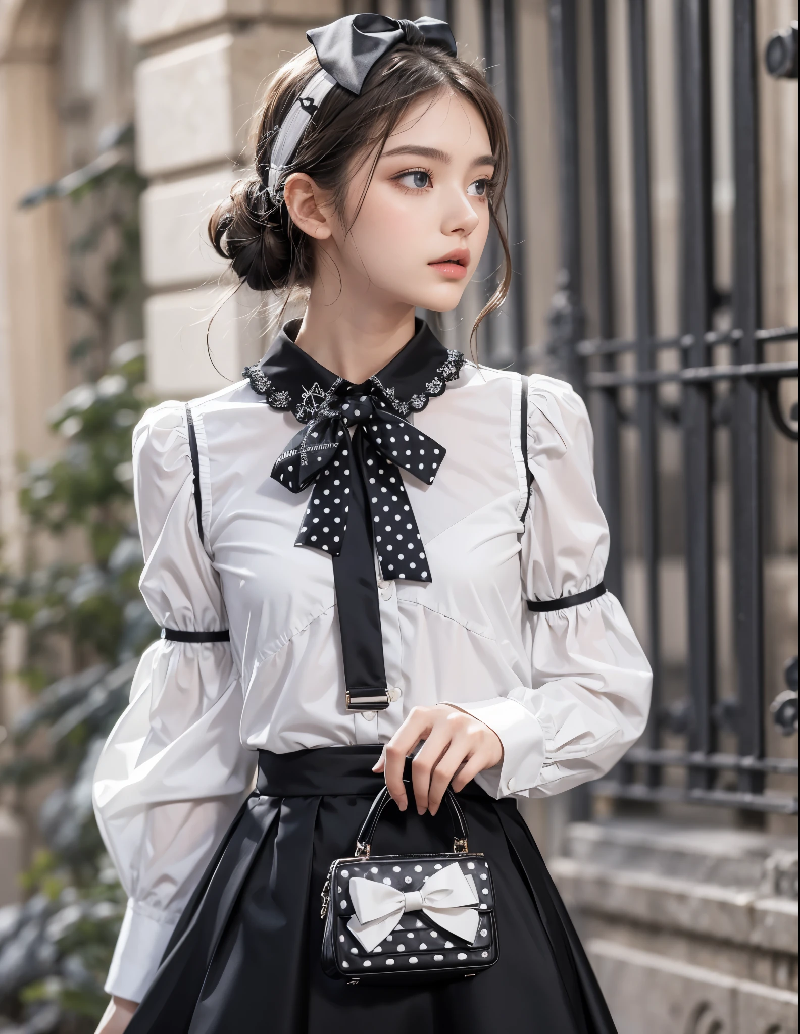mode fashion collection, ultra detailed, beautiful, masterpiece, best quality, _ BREAK Beautiful perfect model, 22 Age, 165 cm, Tightened all body, Perfect and beautiful legs, gray hair, Brightly colored eyes, Diteled face, (big eyes:1.2), dropy eyes, Double eyelid, light color eyes, Shiny eyes , Diteled eyes, (small head and face:1.4), _ BREAK arranged hair, Diteled hair, _ BREAK Perfect art background, Fog, mist, _ (girly:1.4), Ultra-Cute Monochrome Ensemble with Ribbon Theme,
Create a girly and ultra-cute ensemble composed of white, black, and grey tones, centered around a ribbon theme,
Start with a white blouse featuring puffy sleeves and a Peter Pan collar adorned with delicate black ribbon trim,
Pair the blouse with a pleated grey skirt with black ribbon accents, adding movement and charm to the look,
BREAK
Layer the ensemble with a cropped black cardigan featuring white polka dots and ribbon bows for a playful touch,
Accessorize with a black ribbon choker necklace adorned with a sparkling gemstone pendant, adding a hint of elegance to the outfit,
BREAK
Complete the ensemble with white knee-high socks adorned with black ribbon bows and patent leather Mary Jane shoes for a classic yet adorable finish,
Carry a black handbag with white ribbon detailing, matching the overall theme of the ensemble,
BREAK
//Accessories
White ribbon hair bow adorned with a small black bow for a whimsical hairstyle,
Black ribbon wristwatch with a round face and white dial for a subtle yet stylish accessory,
BREAK (gray hair, blue eyes:1.2),