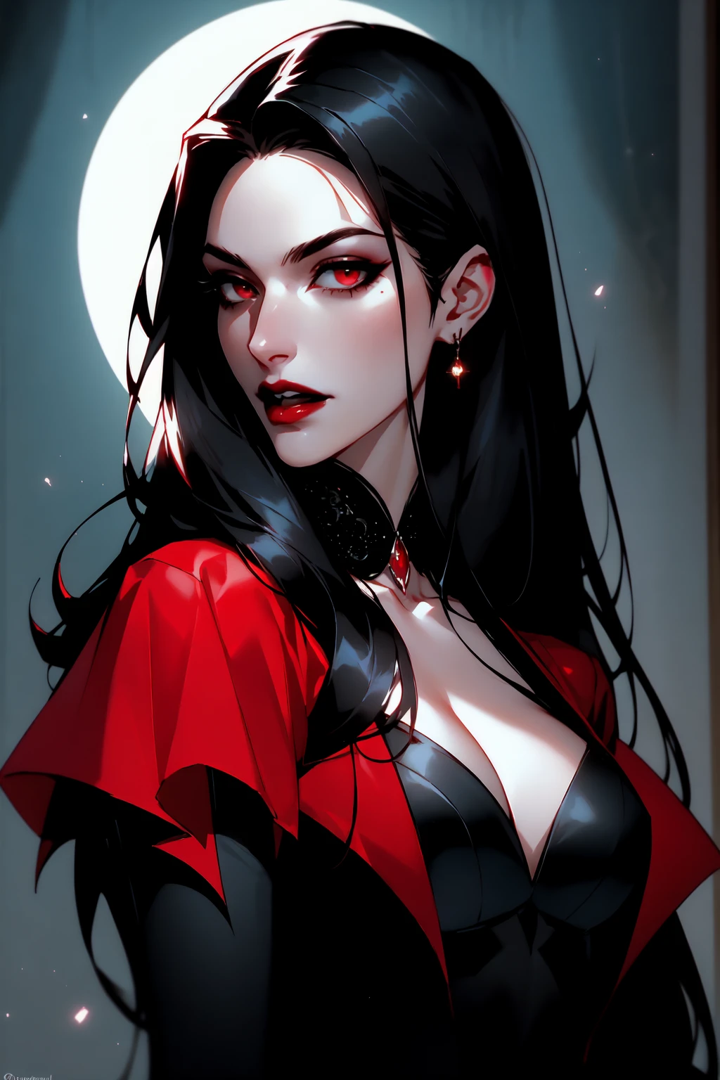 { - ??????? error}(Masterpiece - Ultra-detailed, very high resolution) portrait of vampire queen standing in dark, black hair, long hair,  no pupils, no sclera, red lips, vampire fangs, castle indoors, moonlight, particles , backwards, looking back, dinamic poses