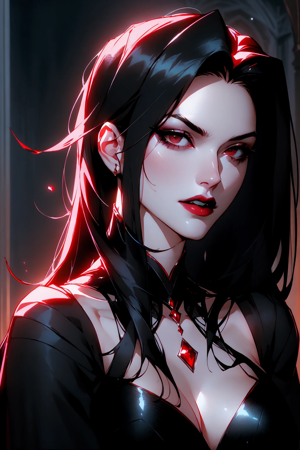 { -  error}(Masterpiece - Ultra-detailed, very high resolution) portrait of vampire queen standing in dark, black hair, long hair,  no pupils, no sclera, red lips, vampire fangs, castle indoors, moonlight, particles , backwards, looking back, dinamic poses