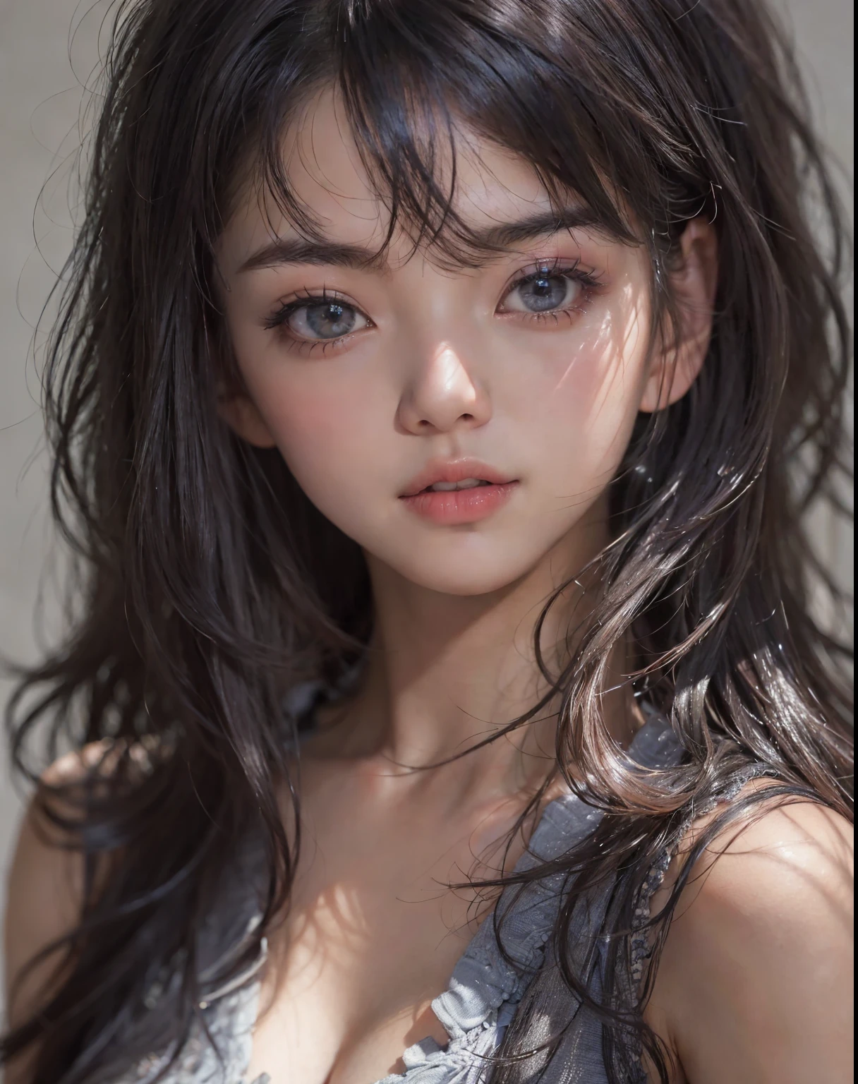 fashion model 24 years old, [[[[cute]]]], [[[[moist eyes]]]],  [[[[closeup]]]], [[[[chest]]]], [[[[neck]]]], [[[[shoulders]]]], perfect eyes, perfect iris, perfect lips, perfect teeth, perfect skin, soft front light, glow, HDR, (muted colors:1.2), Beautiful girl from Eastern Europe with her mouth closed、astonishing beauty、solo、Smile、beautiful face、Upper body、hair above one eye、medium side cut、Beautiful short black hair styled、beautiful little face woman, solo,　black theme,　look at the audience,one woman, It&#39;s real, Wolfzan-6500-V1.3, anime、animeスタイル、beautiful realistic eyes、braided hair、casual dress、portrait beautiful detailed woman, very detailedな目と顔, Reality, beautiful detailed eyes, huge file size, Super detailed, High resolution, very detailed, highest quality, masterpiece, An illustration, very detailed, ticker, Unite, 8K painting wallpaper, fine, fine details, masterpiece, highest quality, Hvery detailed ticker uniform 8K wallpaper, face light movie lighting、cute blouse, dark background, oil, masterpiece, diffused soft film lighting, Portrait, highest quality (perfect face:1.4),stunning girl pictures,(8K and、photorealistic:1.25) 、(lip gloss、eyelashes、shiny face、shiny skin、highest quality、超High resolution、Depth of the bounds written、chromatic aberration、caustic road lighting、natural shading、sexy