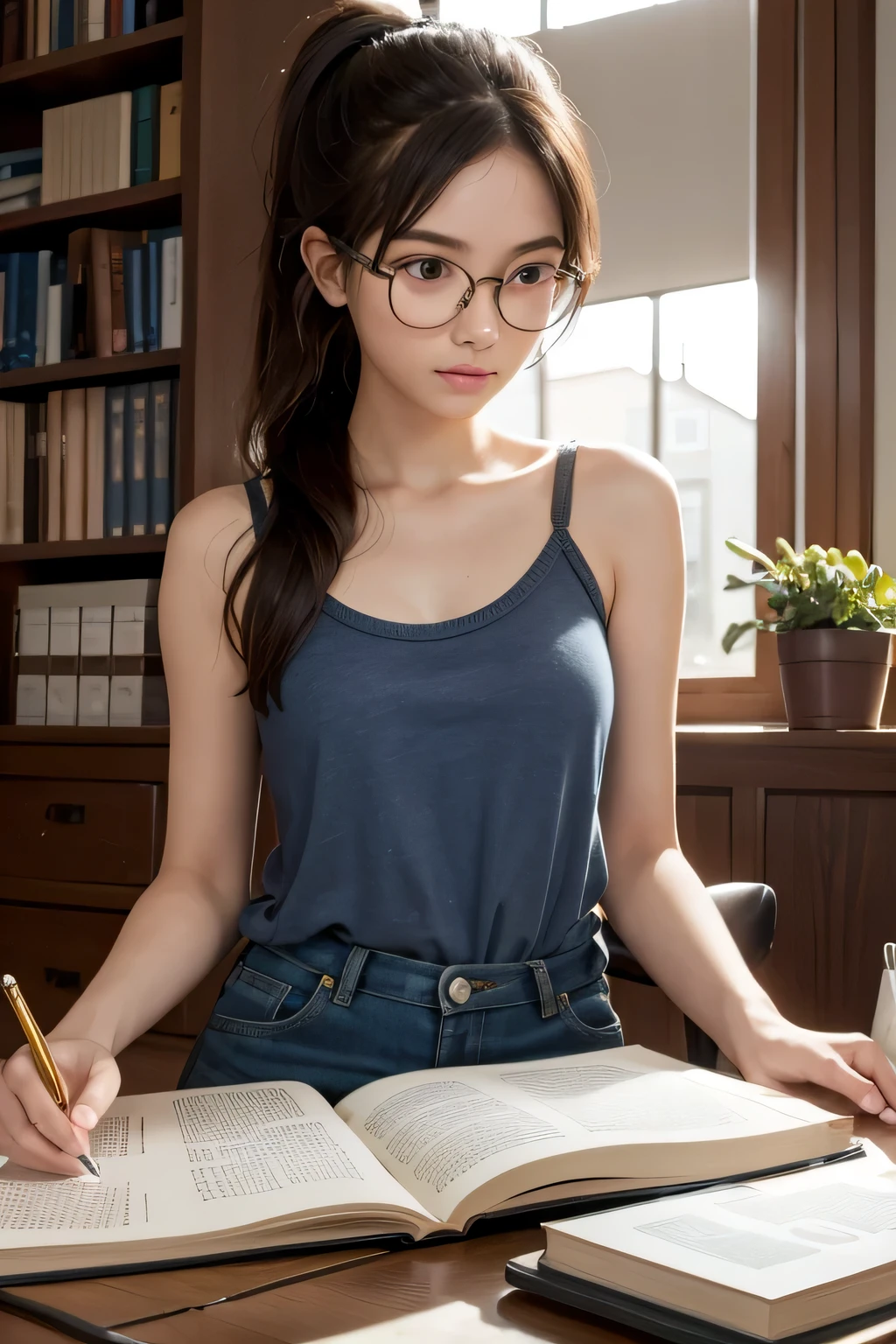 masterpiece, best quality, ultra detailed, cinematic lighting, 1 girl, (((researcher working on a computer))), (lofi), long dark hair tied in a messy ponytail, beautiful face, beautiful eyes, (wearing gold rimmed glasses), ((working on a computer)), wearing a colorful loose tank top, tight ripped denim shorts, in a small room, ((books and papers strewn on table)), (doing research), bookshelves on the wall, beakers and test tubes on table