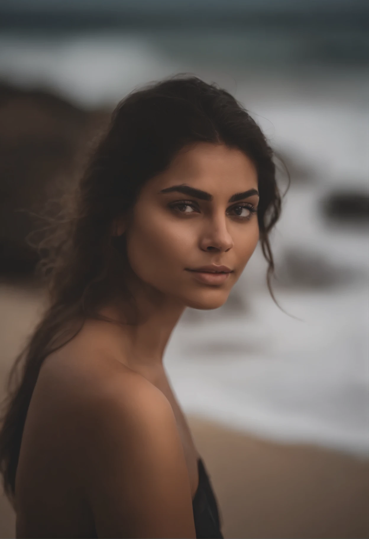 Foto ultra realista pele ultra realista, uma mulher de 20 anos morena, na beira da praia de costas