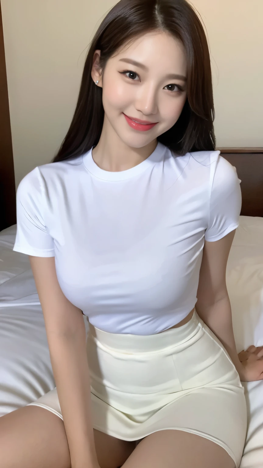white tight shirt、white tight mini skirt、bed、smile、short sleeve、high resolution、Korean idol face