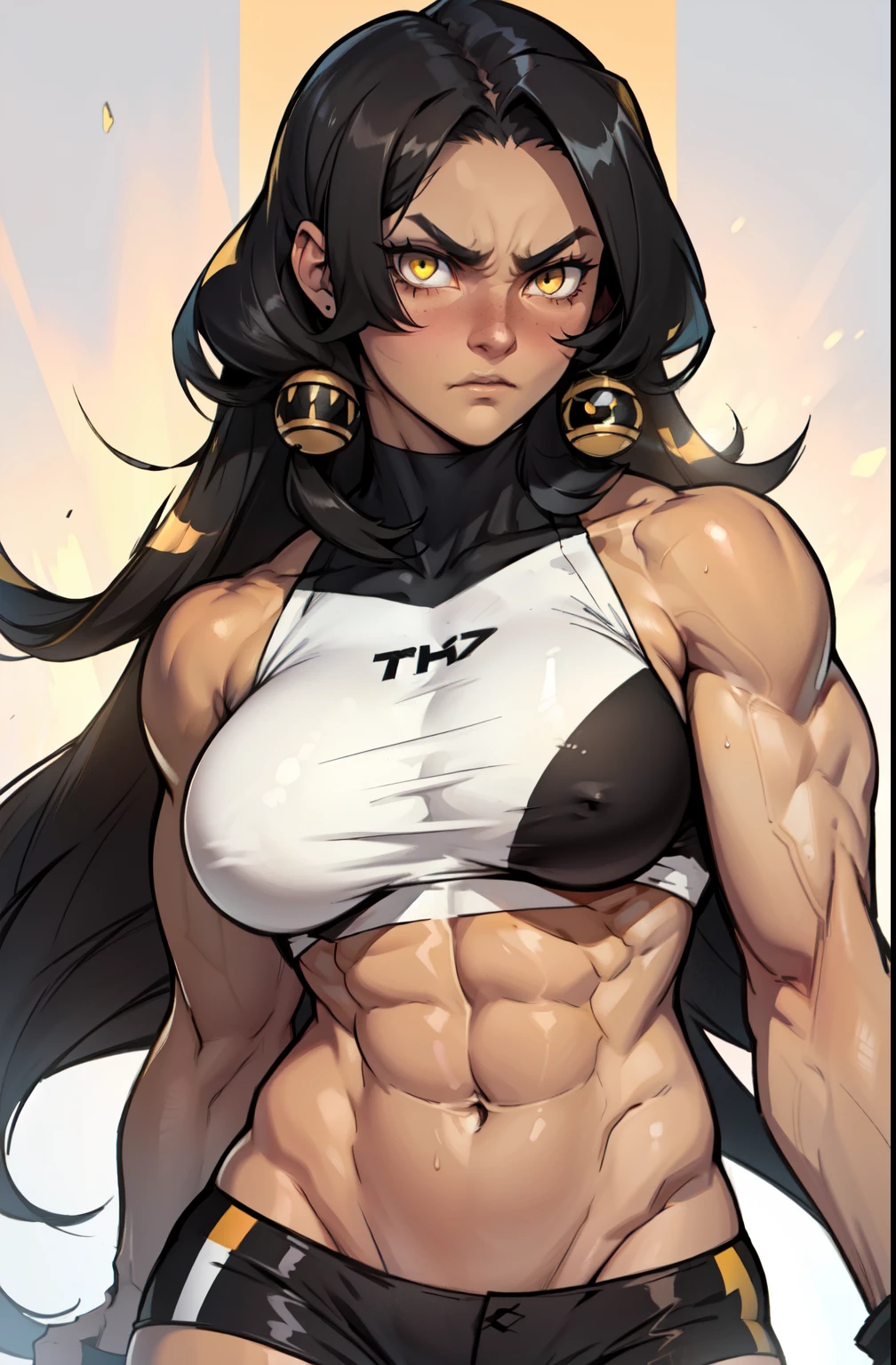 (((((1 girl))))) angry very long hair pale skin black hair yellow eye ((((muscular toned body large breasts)))) solo