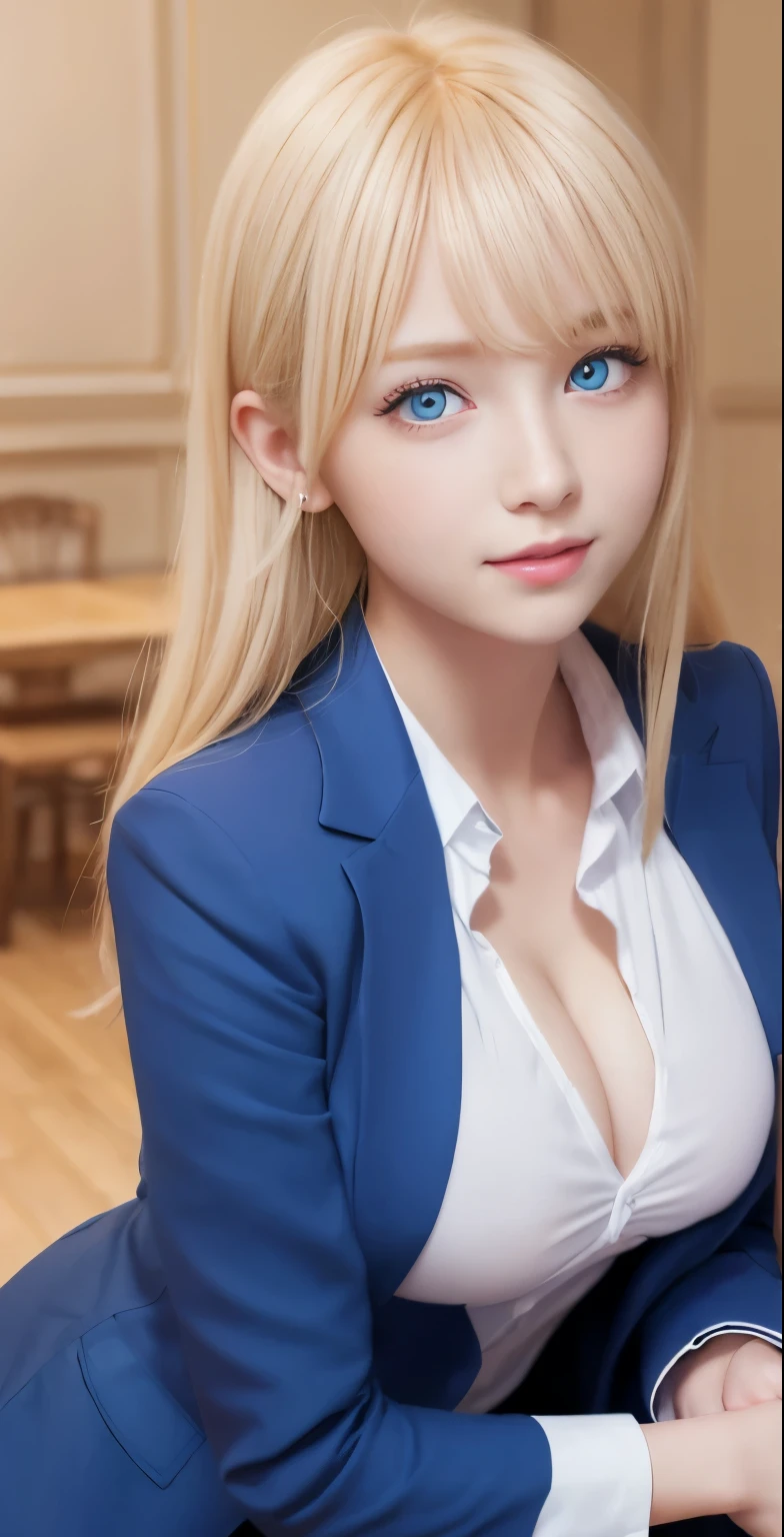 table top、highest quality、 super detailed、High resolution、8k wallpaper、perfect dynamic composition,、detailed and beautiful eyes、(beautiful breasts:1.3) 、blue blazer、white shirt、red tie、teen girl、1 girl、beautiful girl、blonde hair、short hair、blue eyes、blue eyes、blue eyes、baby face、smile、smile