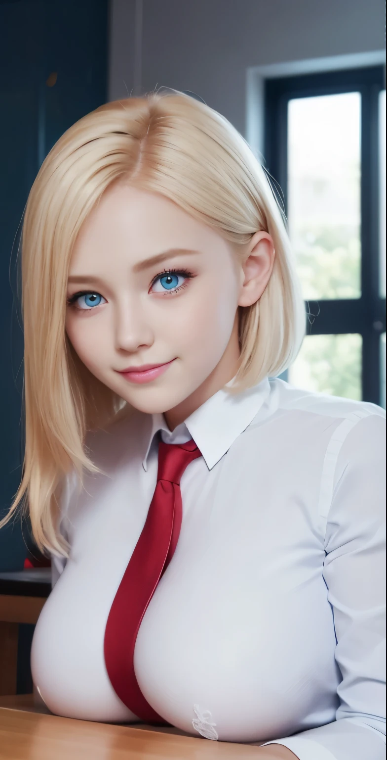 table top、highest quality、 super detailed、High resolution、8k wallpaper、perfect dynamic composition,、detailed and beautiful eyes、(beautiful breasts:1.3) 、blue blazer、white shirt、red tie、teen girl、1 girl、beautiful girl、blonde hair、short hair、blue eyes、blue eyes、blue eyes、baby face、smile、smile