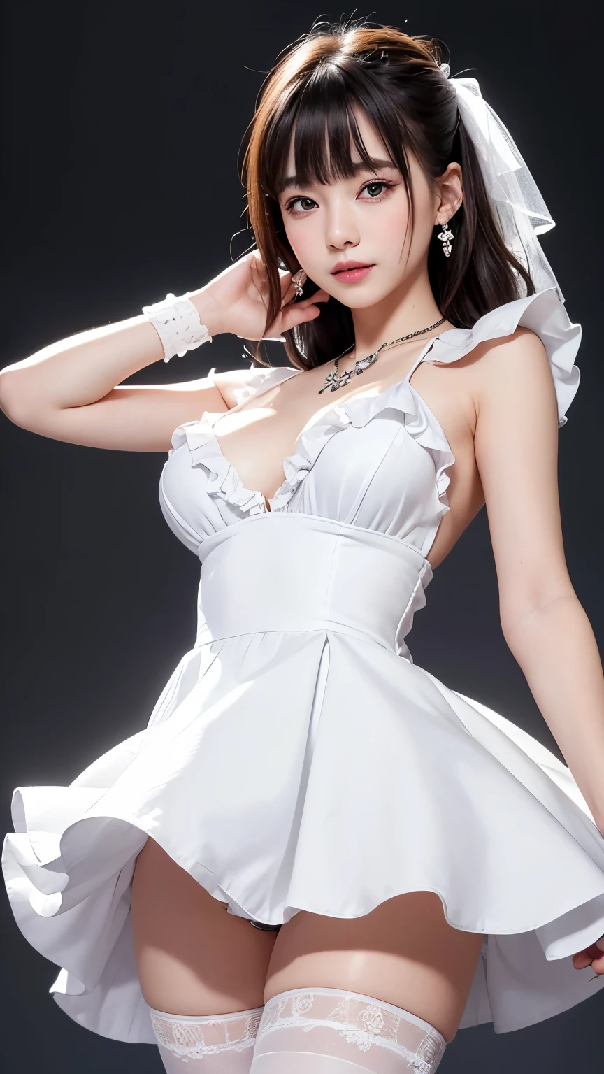 (8k, RAW photo, highest quality, masterpiece: 1.2), Super detailed, super resolution, (genuine, genuine photos: 1.37), portrait, High-definition RAW color photo, professional photos, 非常に詳細で美new, very detailed, 8k wallpaper, amazing details, huge file size, official art, very detailed CG Unity 8k wallpaper, very detailed beautiful girls, very detailed facesHighly detailed eyes, Very fine skin, very detailed fingers, very small nose, very detailed detailed mouth, perfect anatomy, detailed background, fine clothes,20th generation, cute girl, genuineistic body, white skin, glowing skin, (dull bangs: 1.2), smile, cute, like々new, cute face, genuineistic face, delicate eyes, sagging eyes, (Super mini scarf ruffle dress costume 1.2), earrings, necklace、looking at camera, dynamic lighting, G cup breasts,big breasts、(I can see your pants 1.2)、panty shot、(paris collection background 1.2)、(dynamic dance pose 1.2)、(White-based pastel color 1.2)、(stylish mini dress 1.2)
