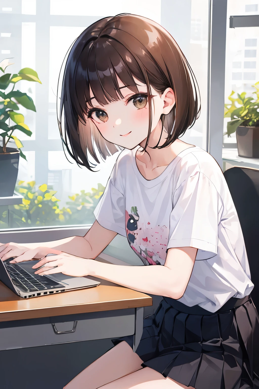 frame in, from right in front of face and body, view straight on, upper body, High quality, very high res, High quality, very high res, cute girl, brown hair, forehead, blunt bangs, bob cut, blush, Brushed up bangs, wearing a plain t-shirt, upright, pleated skirt, working on a laptop, sitting in a work chair, smile, leaning forward, at office