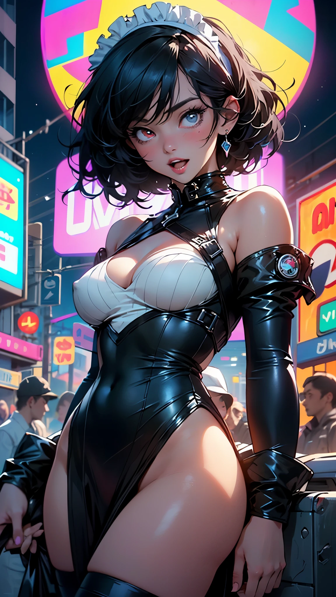 maid girl,((1girl)),((maid girl with extremely cute and beautiful black hair)),

(large breasts:1.4),bountiful breasts,fluffy breasts,H cup bust,bust up,bulging bust top,(((black bob hair:1.35,colored inner hair,short hair,ear breathing))),((heterochromia:1.5, (purple_eye and blue_eye))),big eyes:1.3,((fat)),(((lustrous skin:1.5,bright skin: 1.5,skin tanned,shiny skin,very shiny skin,shiny body,plastic glitter skin,exaggerated shiny skin,illuminated skin,wet legs))),(spider lower abdomen,narrow waist,wide hip,athletic body,inflated legs, thick thighs,detailed body,(detailed face)),

cute,slutty,seductive,erotic,((nsfw)),

zettai ryouiki,(maid headdresaid uniform,Headdresaid),sleeveless,mini skirt,boots,cleavage cutout,bare legs,clothes with a lot of lace frills,((wet clothes,intricate outfit,intricate clothes)),

(dynamic pose:1.0),solo focus,embarrassed,blush,sweat,((tears,open mouth)),moist eyes,(centered,scale to fit dimensions,Rule of thirds),

cyberpunk city by the ocean at night, with bright neon signs and dark stormy clouds and puddles, scenery:1.25,nighttime, starry night, cosmos,Very dark night that makes the neon lights stand out, very bright neon lights,nighttime, starry night, cosmos,

artistic photography,(photography taken by sldr),highres, sharp focus,(ultra detailed, extremely detailed), (photorealistic artwork:1.37),(extremely detailed CG unity 8k wallpaper),((synthwave background theme)),(((vibrant colors))),intricate,(intricate background),(masterpiece),(best quality),perfect rendered face,perfect face details,realistic face,photo realistic,analog style,((intricate detail)),(((realism))),
