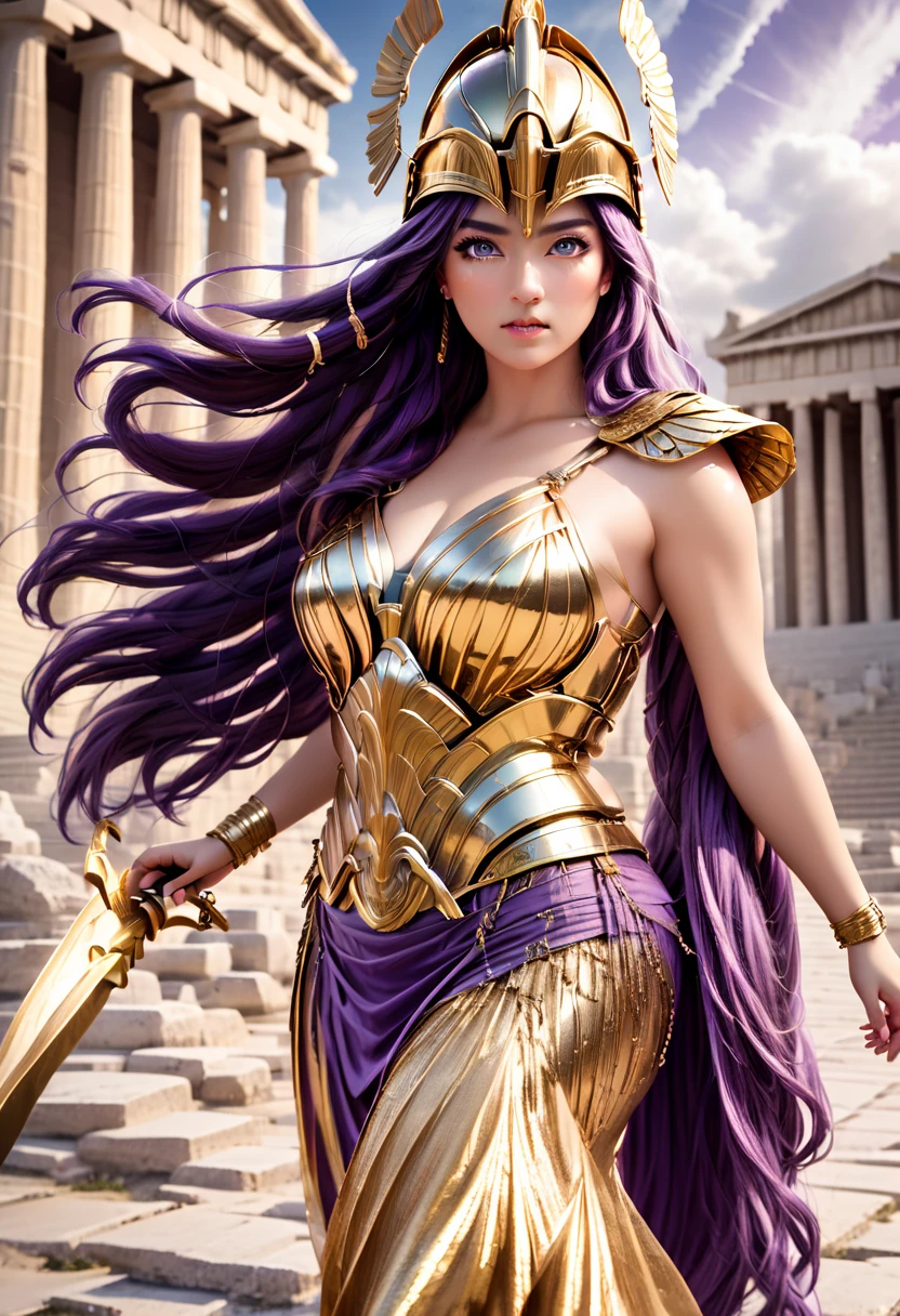 Greek goddess Athena, purple hair, wearing golden hoplite armor with helmet, attacking pose, wielding a sear, looking at the viewer, wise, impressive, seductive eyes, in front of the Parthenon, drawn in the style of Yoshitaka Amano, high res, ultrasharp, 8K, masterpiece
