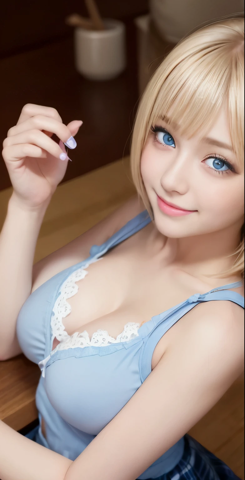 table top、highest quality、 super detailed、High resolution、8k wallpaper、perfect dynamic composition,、detailed and beautiful eyes、(beautiful breasts:1.3) 、tits、white shirt、plaid skirt、 girl、1 girl、pretty girl、beautiful girl、blonde hair、short hair、blue eyes、blue eyes、blue eyes、baby face、smile、smile