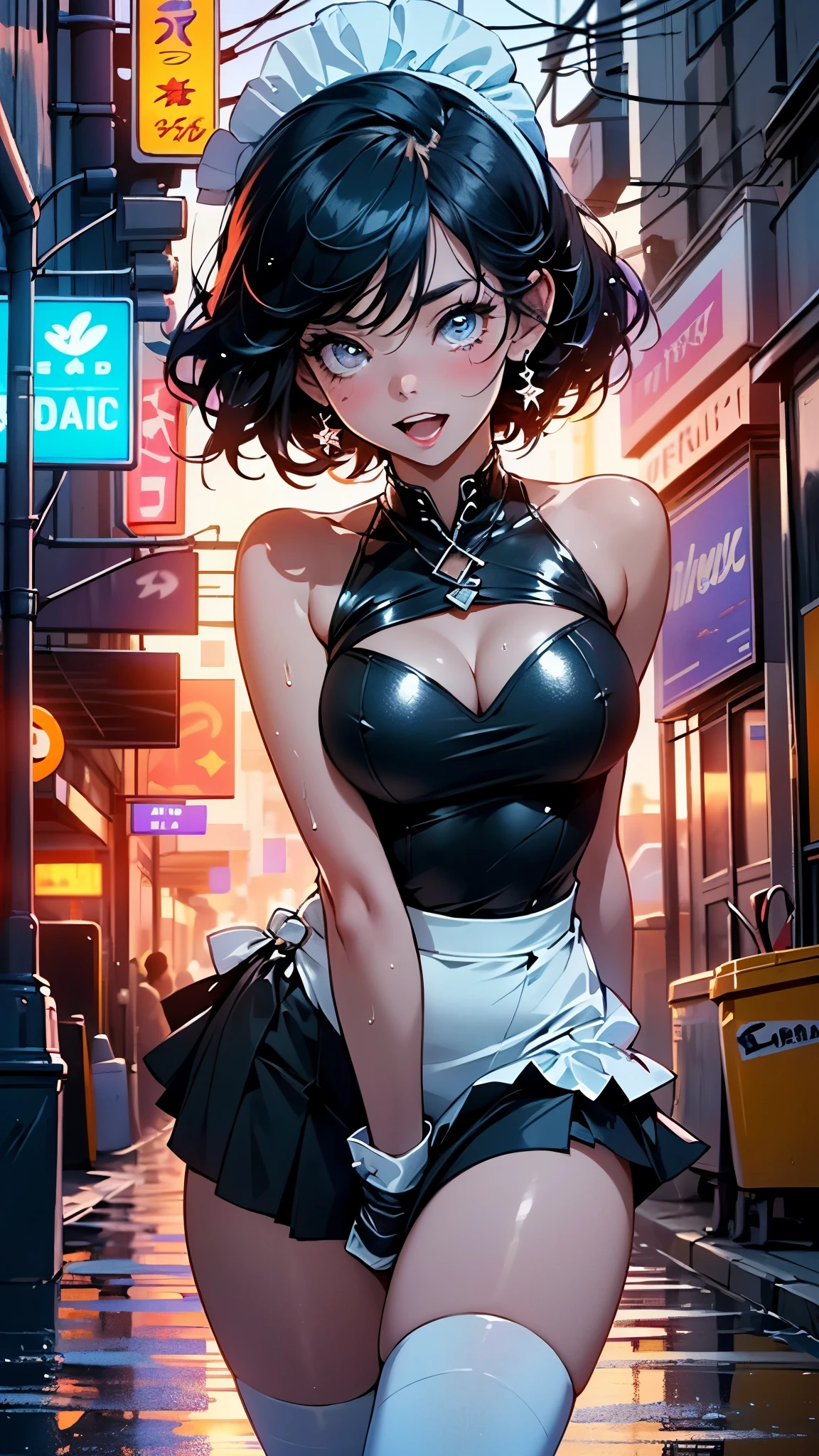 maid girl,((1girl)),((maid girl with extremely cute and beautiful black hair)),
(large breasts:1.4),bountiful breasts,fluffy breasts,H cup bust,bust up,bulging bust top,(((black bob hair:1.35,colored inner hair,short hair,ear breathing))),((heterochromia:1.5, (purple_eye and blue_eye))),big eyes:1.3,((fat)),(((lustrous skin:1.5,bright skin: 1.5,skin tanned,shiny skin,very shiny skin,shiny body,plastic glitter skin,exaggerated shiny skin,illuminated skin,wet legs))),(spider lower abdomen,narrow waist,wide hip,athletic body,inflated legs, thick thighs,detailed body,(detailed face)),
cute,slutty,seductive,erotic,((nsfw)),
zettai ryouiki,(maid headdress),maid uniform,Headdress,(maid),sleeveless,mini skirt,boots,cleavage cutout,bare legs,clothes with a lot of lace frills,((wet clothes,intricate outfit,intricate clothes)),
(dynamic pose:1.0),solo focus,embarrassed,blush,sweat,((tears,open mouth)),moist eyes,(centered,scale to fit dimensions,Rule of thirds),
cyberpunk city by the ocean at night, with bright neon signs and dark stormy clouds and puddles, scenery:1.25,nighttime, starry night, cosmos,Very dark night that makes the neon lights stand out, very bright neon lights,nighttime, starry night, cosmos,
artistic photography,(photography taken by sldr),highres, sharp focus,(ultra detailed, extremely detailed), (photorealistic artwork:1.37),(extremely detailed CG unity 8k wallpaper),((synthwave background theme)),(((vibrant colors))),intricate,(intricate background),(masterpiece),(best quality),perfect rendered face,perfect face details,realistic face,photo realistic,analog style,((intricate detail)),(((realism))),