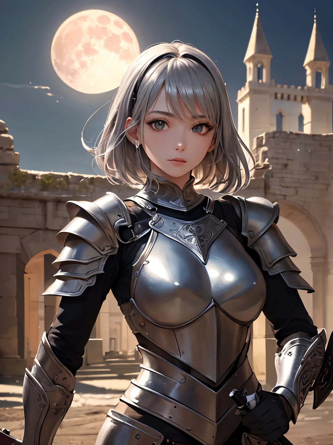 (((Best Quality))), ((Ultra-detailed)), (extremely detailed photo), ((extremely delicate and beautiful)),(Cute delicate face), ((masterpiece)), perfect anatomy, intricate, (highly detailed), masterpiece, photorealistic, (A 20 years old very dignified girl),(silver and black armor:1.3), Castle ruins, ((Crimson full moon night in the background)) ,(upper body),(holding glowing weapon:1.7),alone,short hair, looking at viewer, double eyelid,delicate skin,slender body shape,