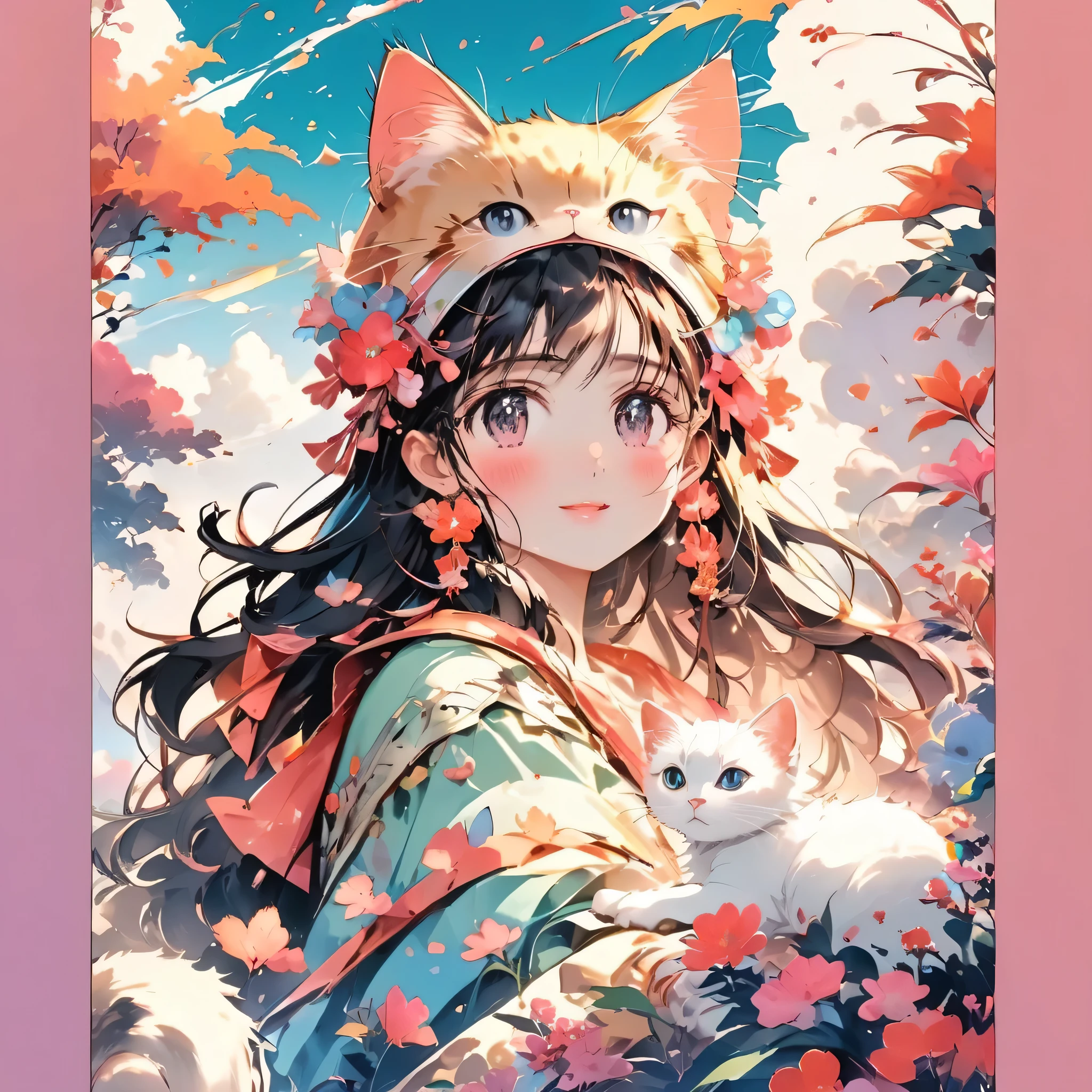 watercolor painting, 8K resolution、((highest quality))、((masterpiece))、((Super detailed))、incredibly absurd、(((1 cute girl)))、((Cat headgear)、)(((the most beautiful scenery of spring)))、colorful flowers、art of light、rich colors、Impressive landscapes、 colorful sky, fluffy clouds, epic scene, fantasy, magic, awe-inspiring, surreal, anime wallpaper、Tropical Color Palette, fabric texture, thick line drawing, dynamic perspective , t-shirt design,T-shirt design AF,