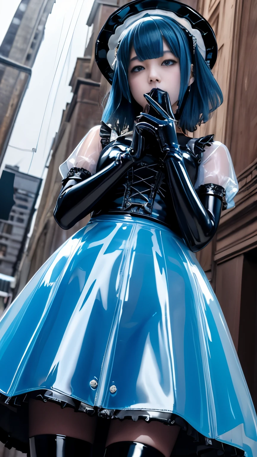 (masutepiece:1.0), (Best Quality:1.4), (A high resolution:1.2), (Photorealistic:1.4),(from below:1.5), (8K, Raw photo:1.2), (Soft Focus:1.4),There is a girl wearing gothic ta costume who is standing in the street and taking pictures.............................................................,full body lesbian, She is wearing a gothic loliBREAK,She is wearing a gothic lolita ,K,(translucent latex blue gothic lolita:1.5),e skin,BREAK, smooth tight ,( the shiny leather black gloves:1.4),BREAK, translucent skin,Latex, Translucent body,latex shiny, The perfect gloves for your skin,bob hair, shiny reflective,gal make up,goddess of Japan, Glossy skin,gorgeous japanese model,Tecateca,shiny,Slimy,(translucent latex blue princess skirt:1.5),close up,detailed background,in the street